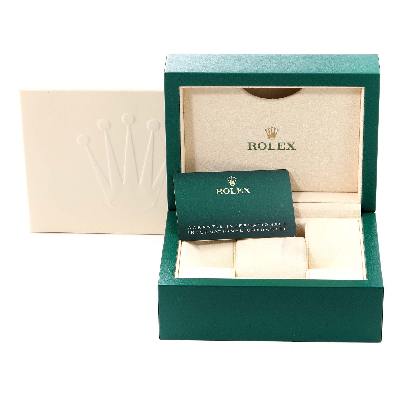 The image shows a Rolex Datejust 41 126300 Men
s Stainless Steel Grey Dial 126300 Men
s Stainless Steel Grey Dial green and beige watch box with the international guarantee card.