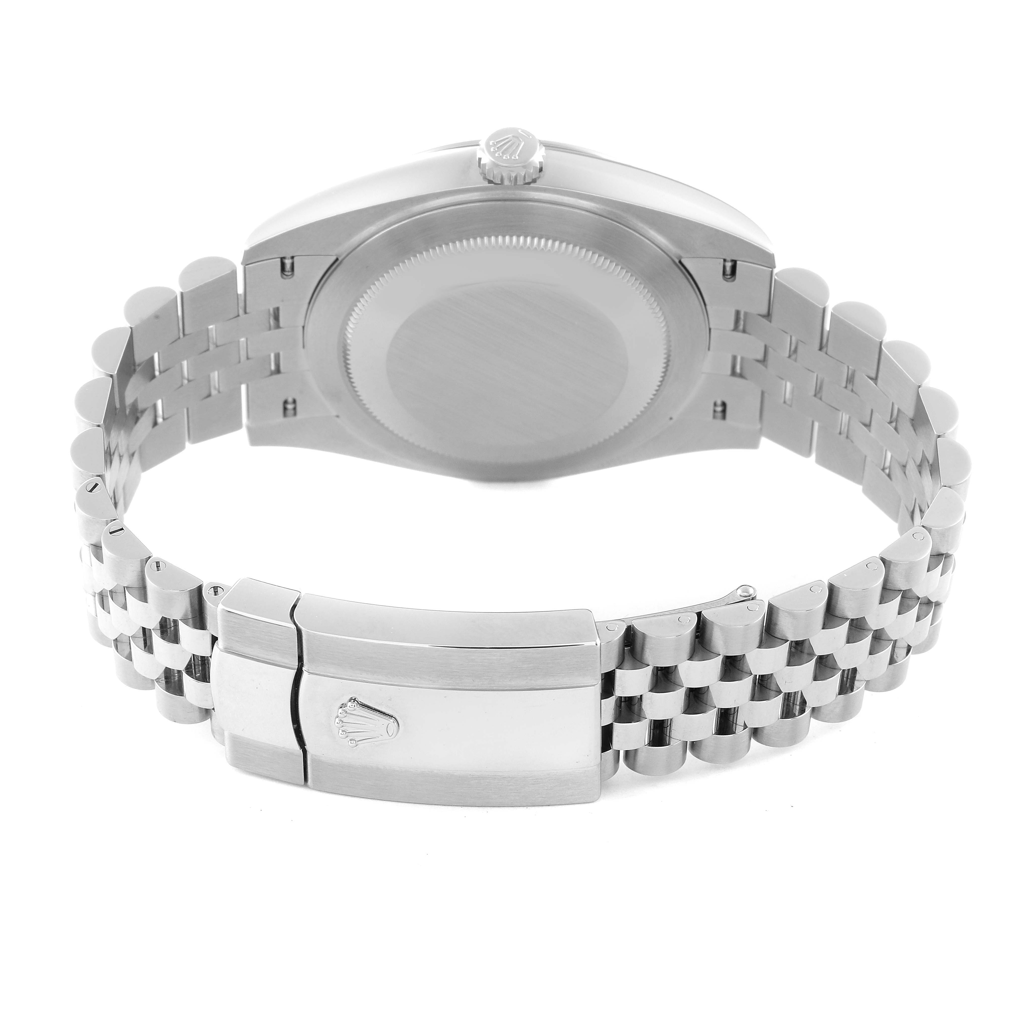 The image shows the back view, including the caseback and bracelet clasp, of a Rolex Datejust 41 126300 Men
s Stainless Steel Grey Dial 126300 Men
s Stainless Steel Grey Dial watch.