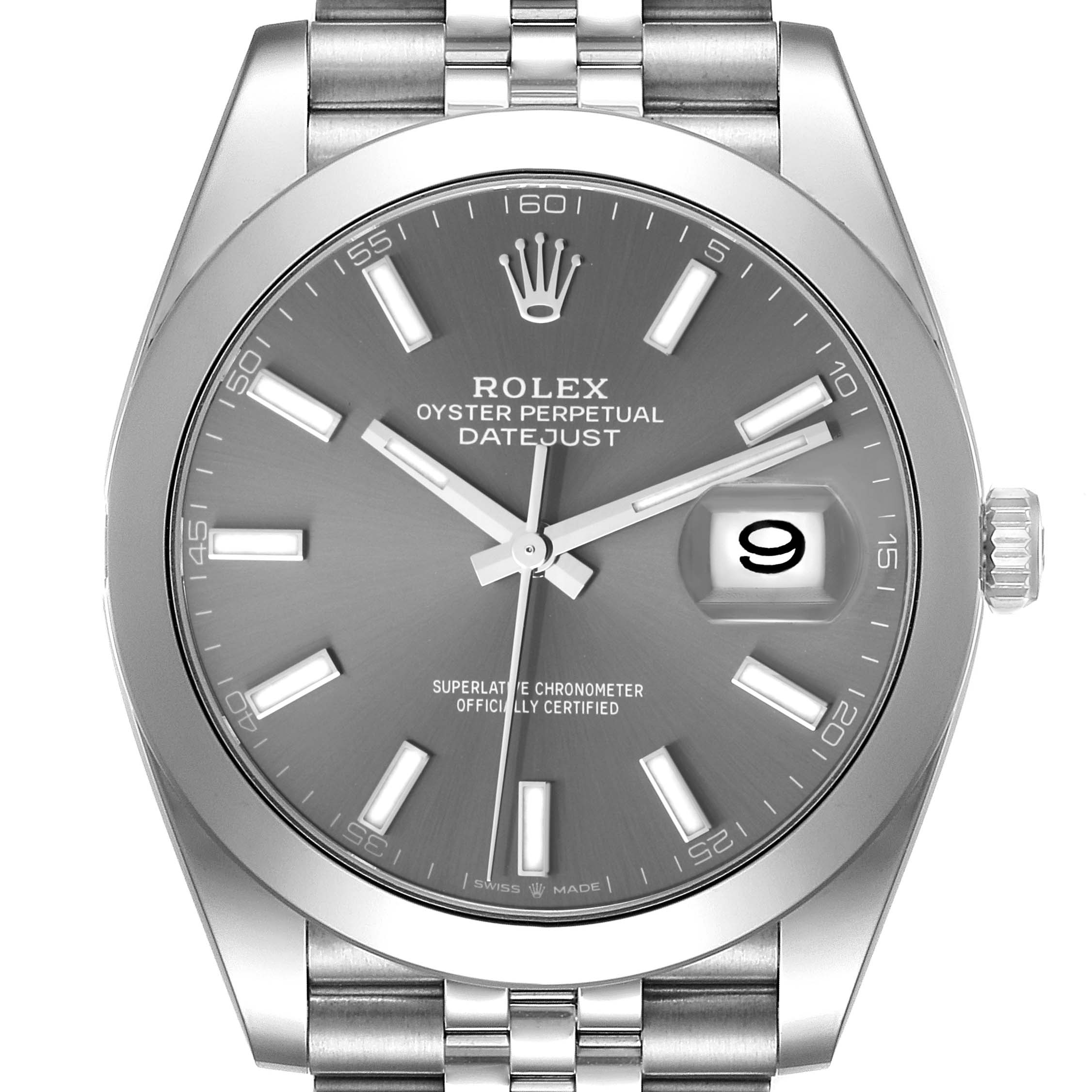 The image shows a frontal view of the Rolex Datejust 41 126300 Men
s Stainless Steel Grey Dial 126300 Men
s Stainless Steel Grey Dial, highlighting the dial, hands, date window, and part of the bracelet.