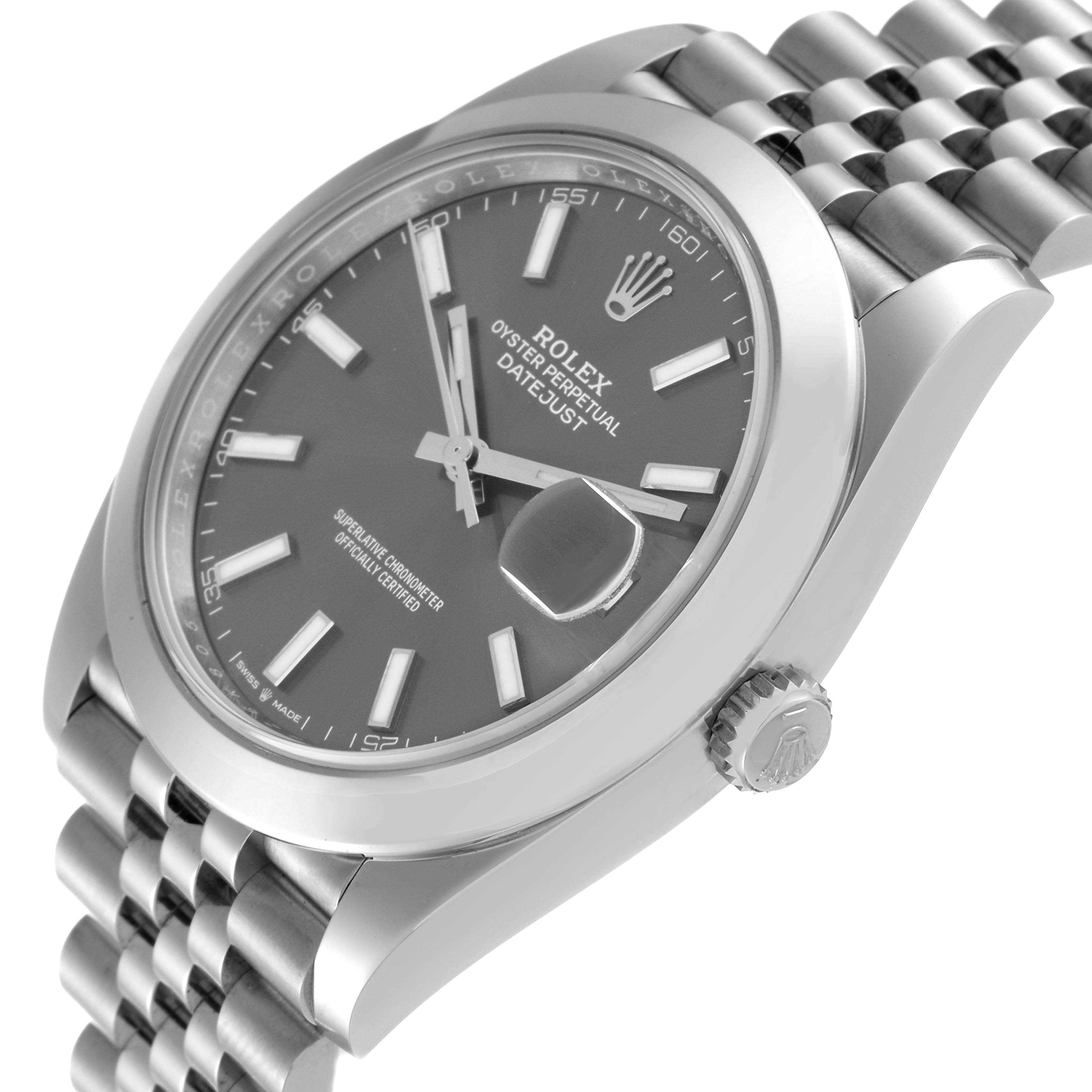 This image shows a close-up, angled view of the Rolex Datejust 41 126300 Men
s Stainless Steel Grey Dial 126300 Men
s Stainless Steel Grey Dial watch, focusing on the dial, crown, and bracelet.