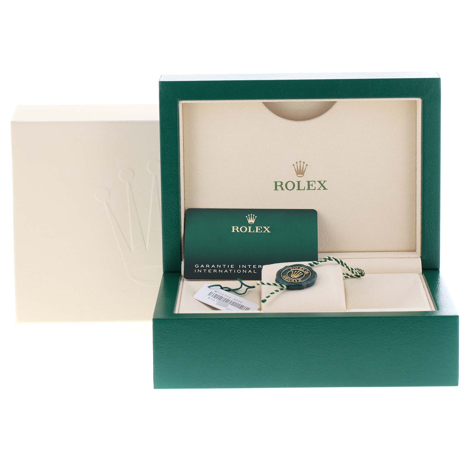 The image shows the packaging, international guarantee card, and tag for a Rolex Datejust 41 126334 Men's Stainless Steel Mother of Pearl Dial 126334 Men's Stainless Steel Mother of Pearl Dial watch.