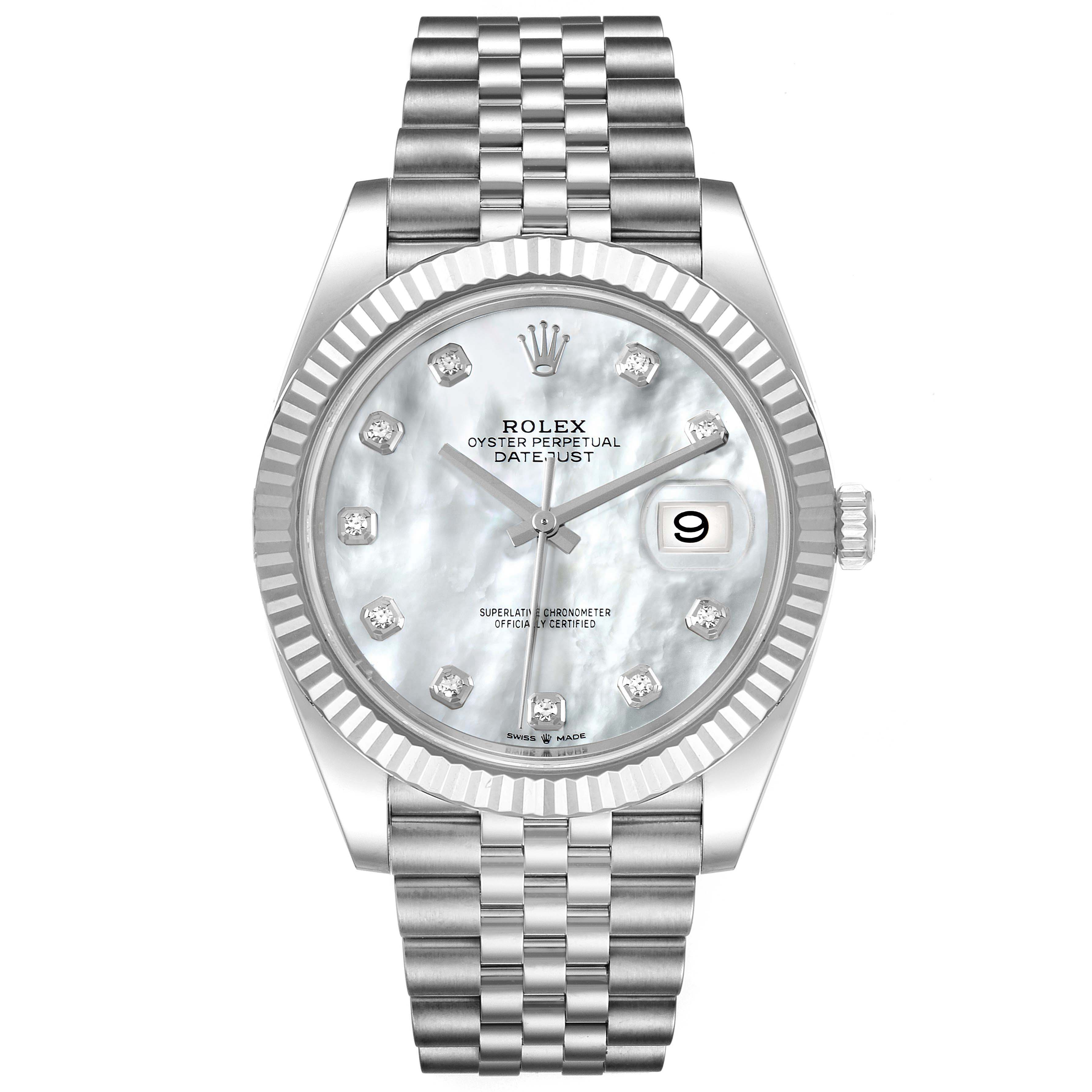 The image shows a front view of a Rolex Datejust 41 126334 Men's Stainless Steel Mother of Pearl Dial 126334 Men's Stainless Steel Mother of Pearl Dial watch, displaying its dial, bracelet, and date function.