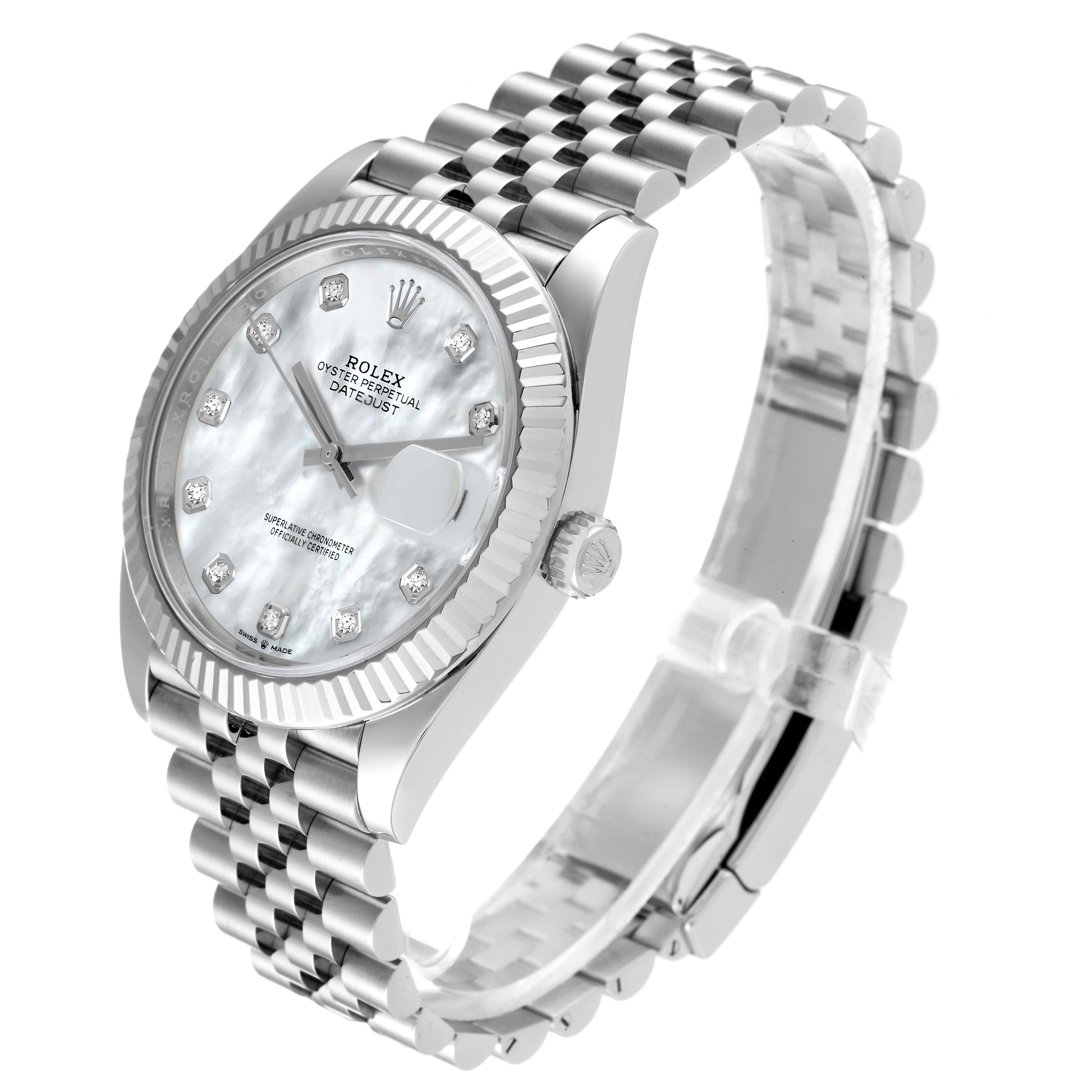 The image shows a Rolex Datejust 41 126334 Men's Stainless Steel Mother of Pearl Dial 126334 Men's Stainless Steel Mother of Pearl Dial watch at a three-quarter angle, highlighting the face, fluted bezel, and jubilee bracelet.