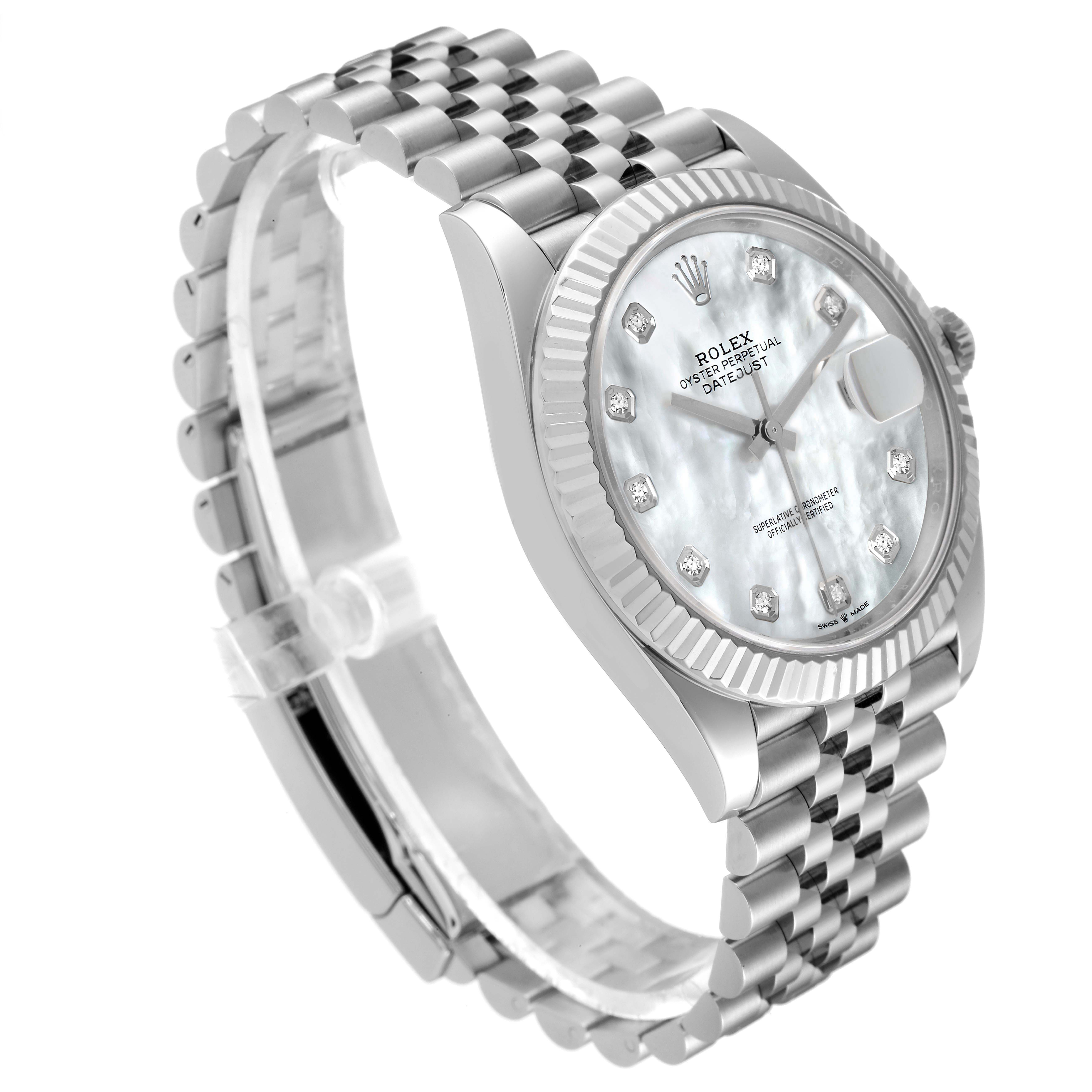 This is a side angle view of the Rolex Datejust 41 126334 Men's Stainless Steel Mother of Pearl Dial 126334 Men's Stainless Steel Mother of Pearl Dial model showing the dial, bezel, and bracelet.