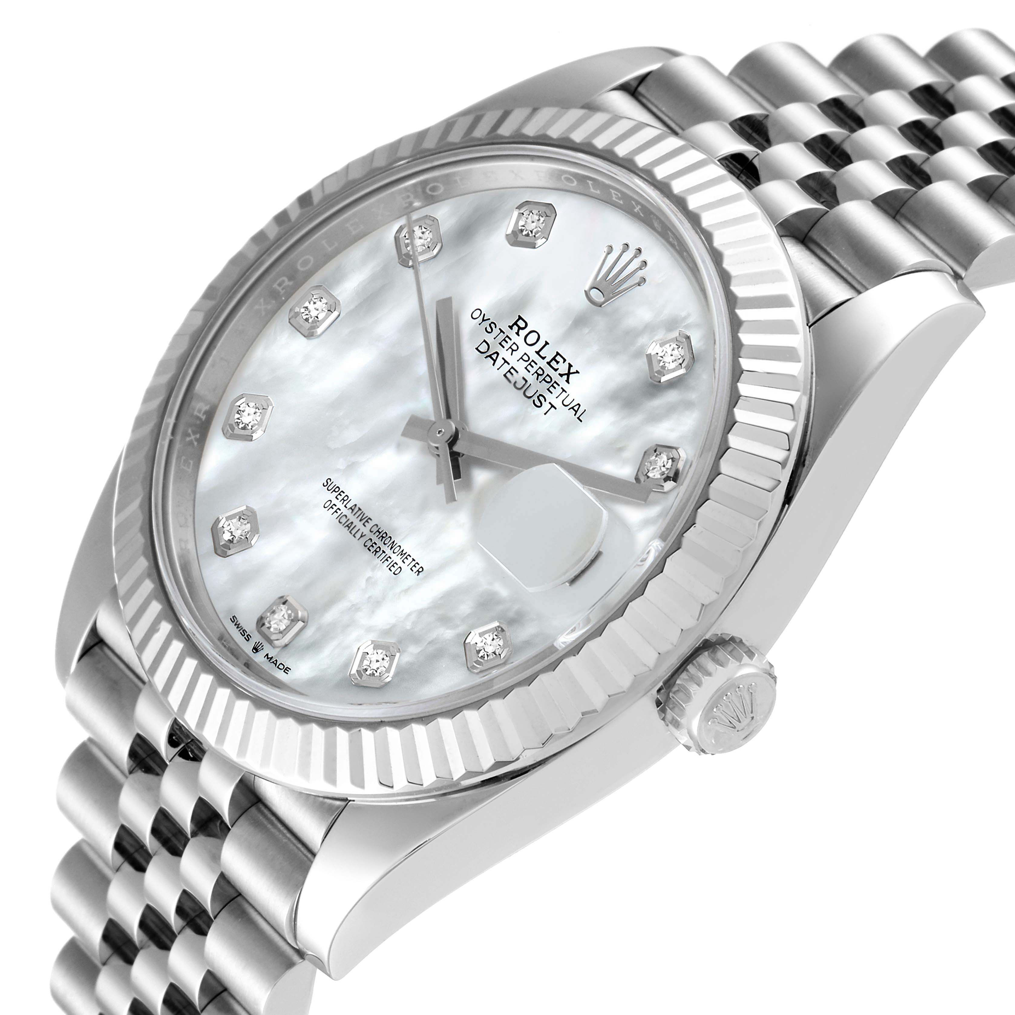 This image shows a close-up angle of the Rolex Datejust 41 126334 Men's Stainless Steel Mother of Pearl Dial 126334 Men's Stainless Steel Mother of Pearl Dial watch, highlighting its face, bezel, crown, and part of the bracelet.