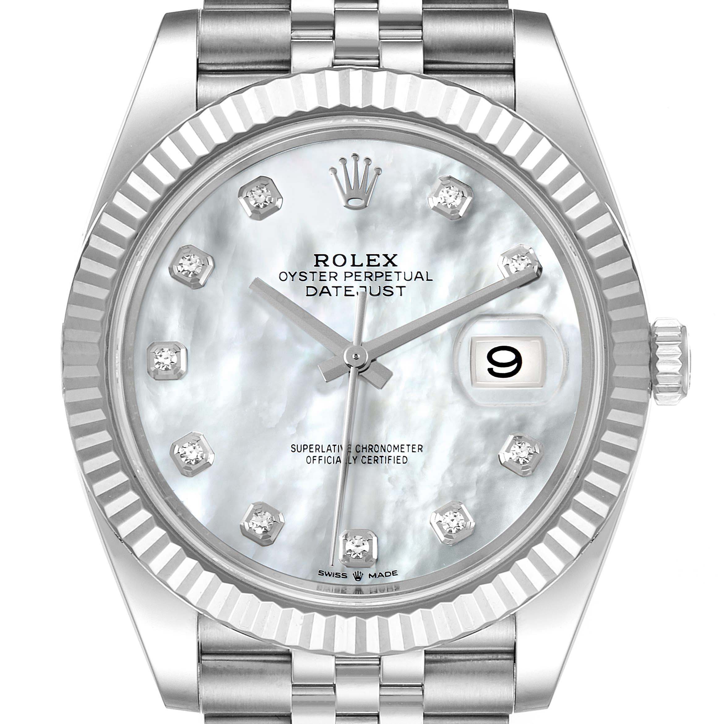 This is a close-up view of the Rolex Datejust 41 126334 Men's Stainless Steel Mother of Pearl Dial 126334 Men's Stainless Steel Mother of Pearl Dial watch showcasing its face, dial, hands, bezel, and part of the bracelet.