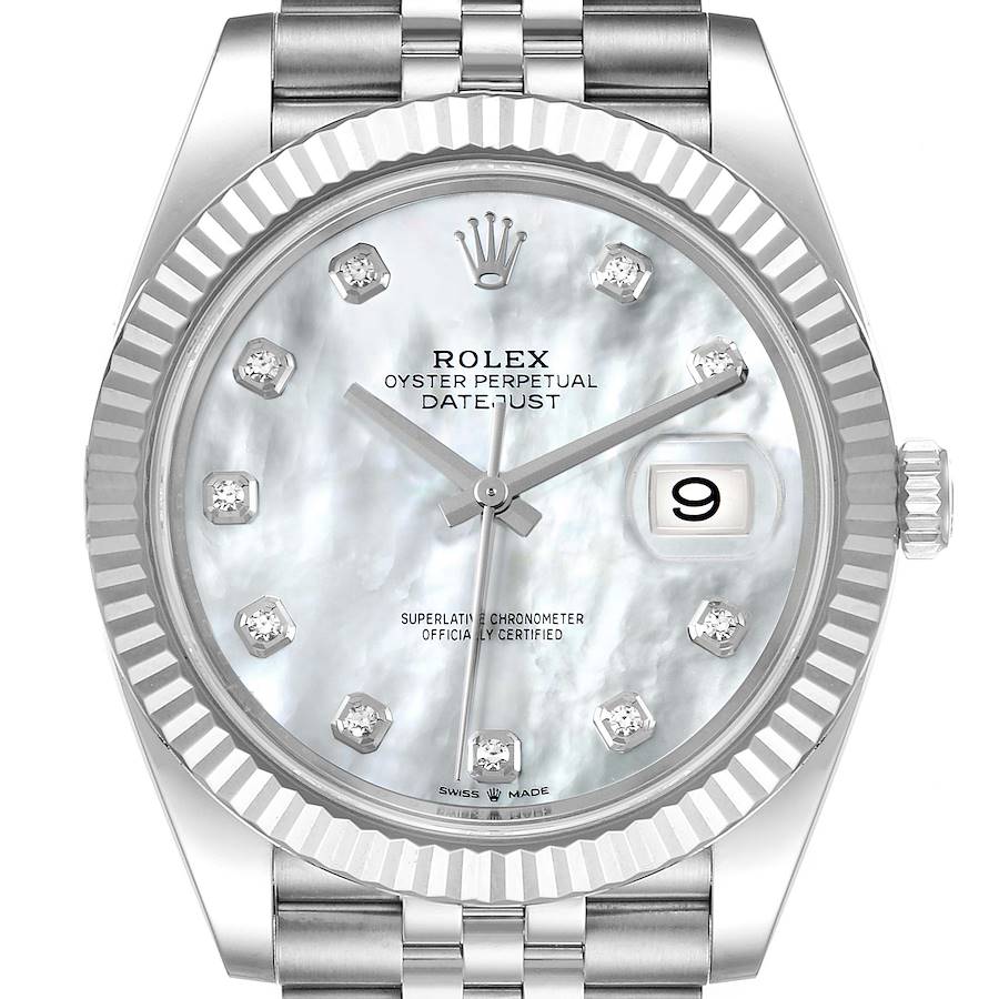 Rolex Datejust 41 Steel White Gold Mother of Pearl Diamond Mens Watch 126334 SwissWatchExpo