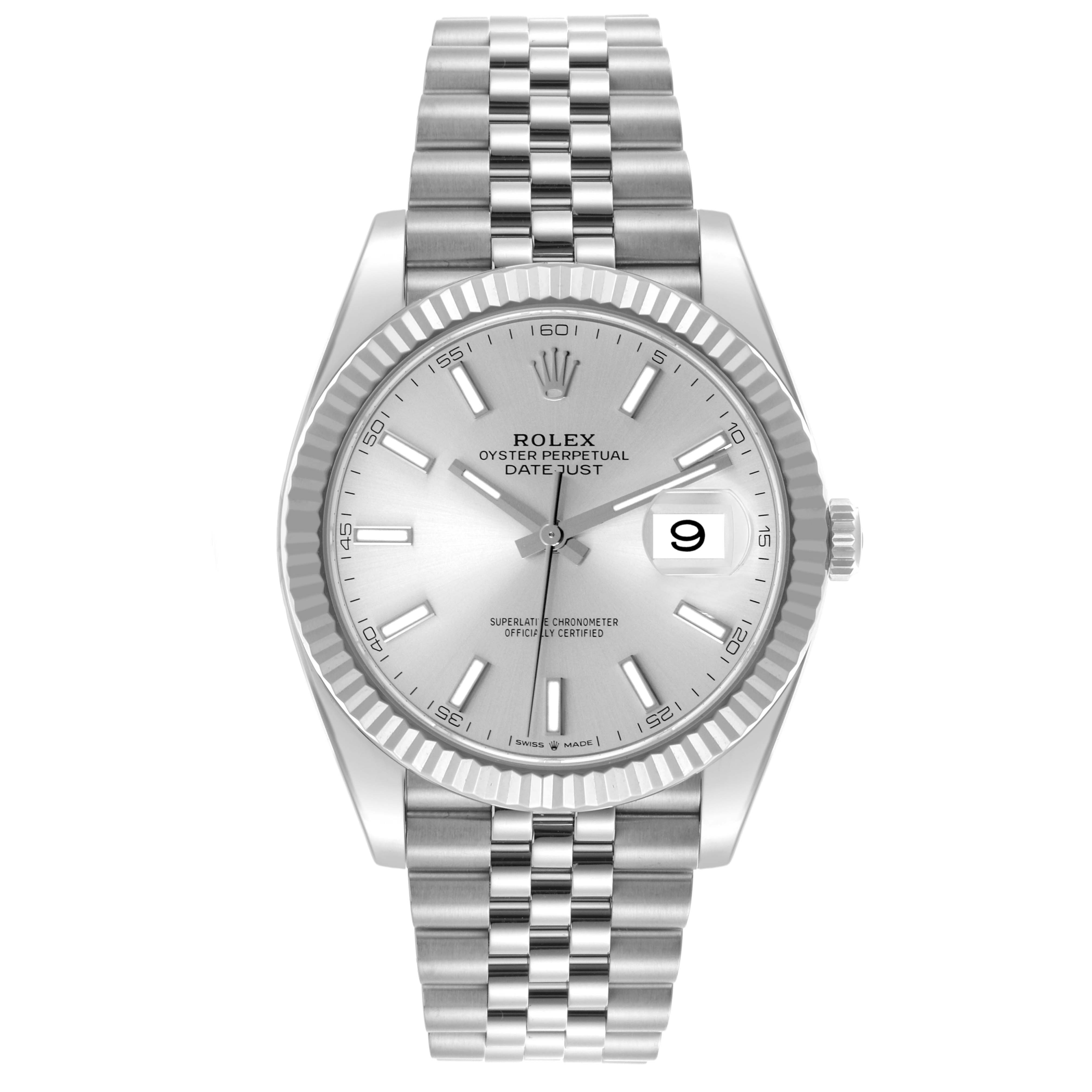 The Rolex Datejust 41 126334 Men's Stainless Steel Silver Dial 126334 Men's Stainless Steel Silver Dial is shown from the front, highlighting its dial, fluted bezel, and Jubilee bracelet.