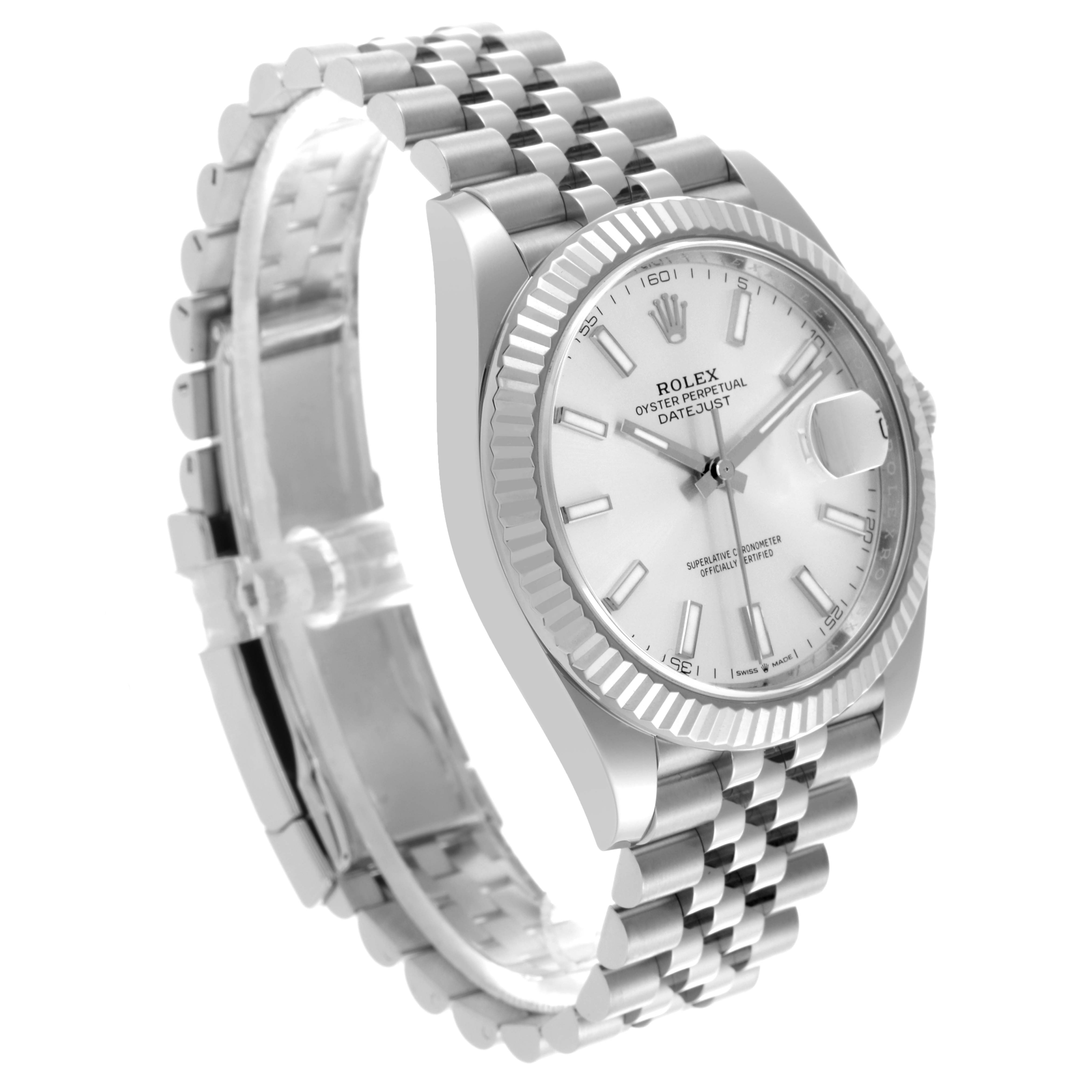 The Rolex Datejust 41 126334 Men's Stainless Steel Silver Dial 126334 Men's Stainless Steel Silver Dial is shown at a three-quarter angle, displaying its dial, fluted bezel, case, and Jubilee bracelet.