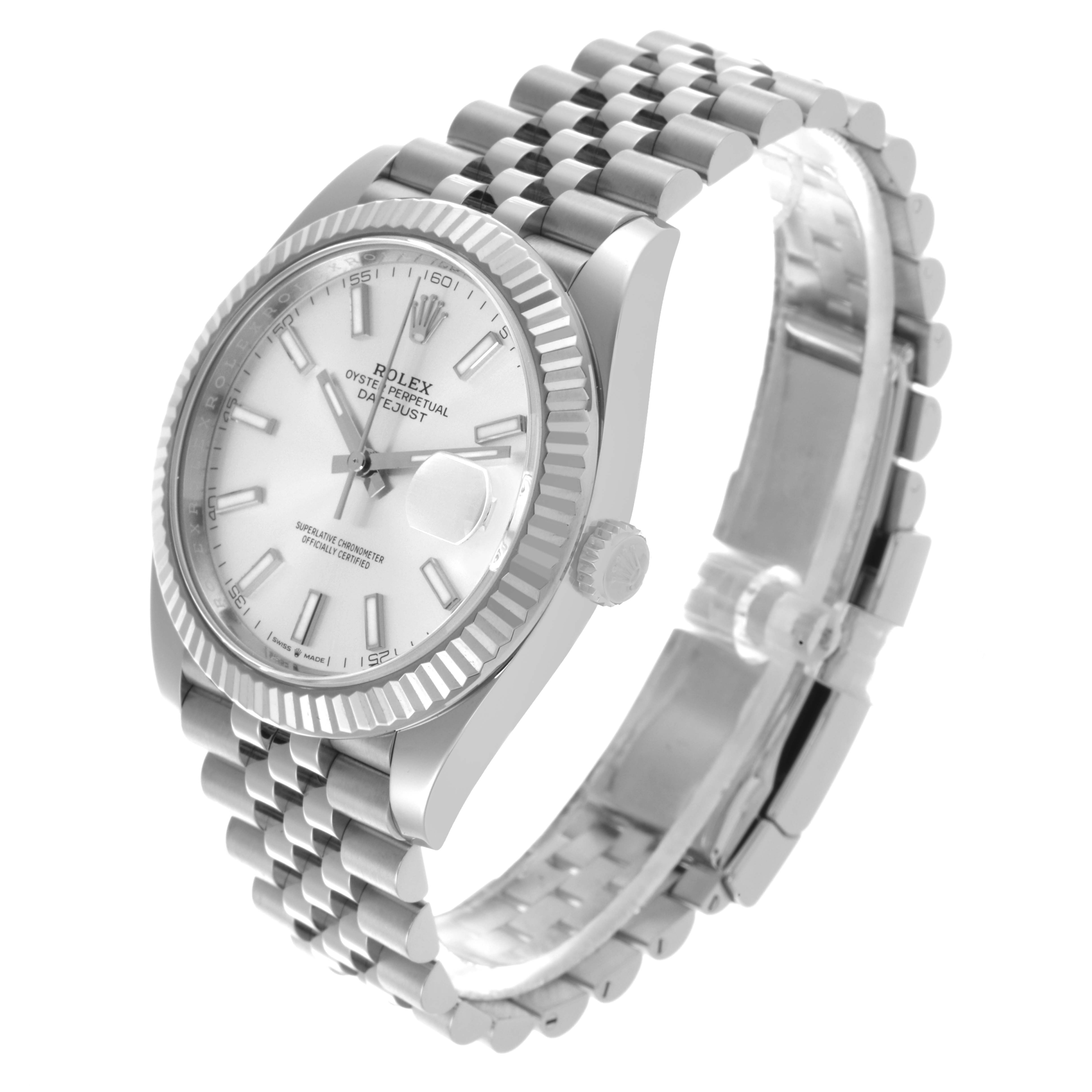 The Rolex Datejust 41 126334 Men's Stainless Steel Silver Dial 126334 Men's Stainless Steel Silver Dial watch is shown from an angled view, highlighting the face, bezel, bracelet, and crown.