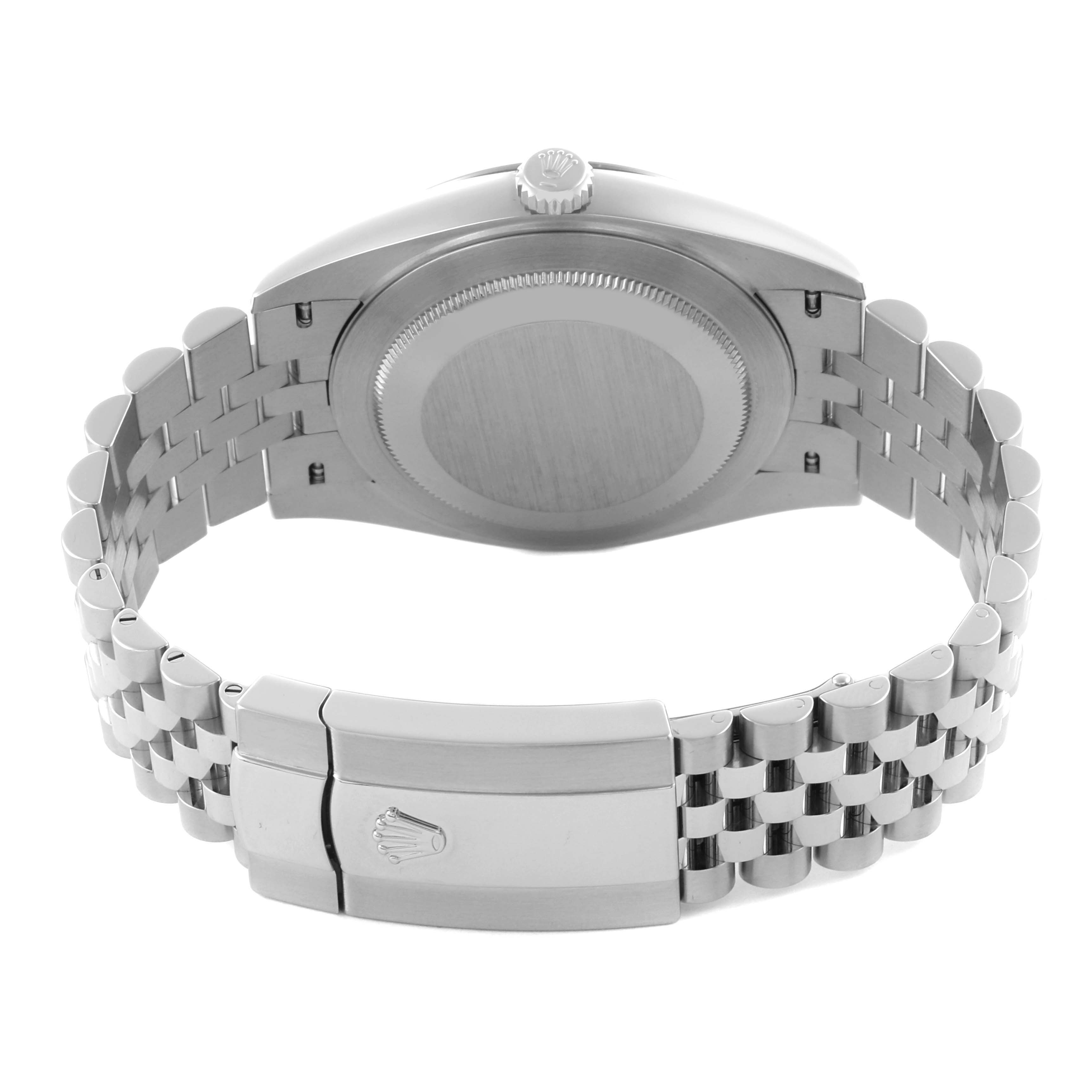 The Rolex Datejust 41 126334 Men's Stainless Steel Silver Dial 126334 Men's Stainless Steel Silver Dial is shown from the back, highlighting the case, crown, and Jubilee bracelet with clasp.