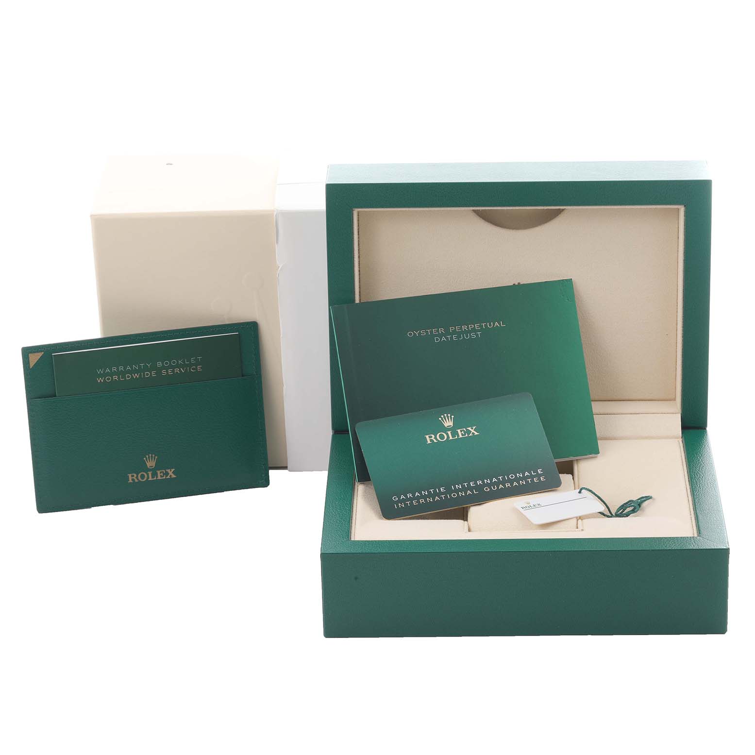 The image shows the packaging and accessories of a Rolex Datejust 41 126334 Men's Stainless Steel Silver Dial 126334 Men's Stainless Steel Silver Dial, including warranty booklets and an open box from a top angle.