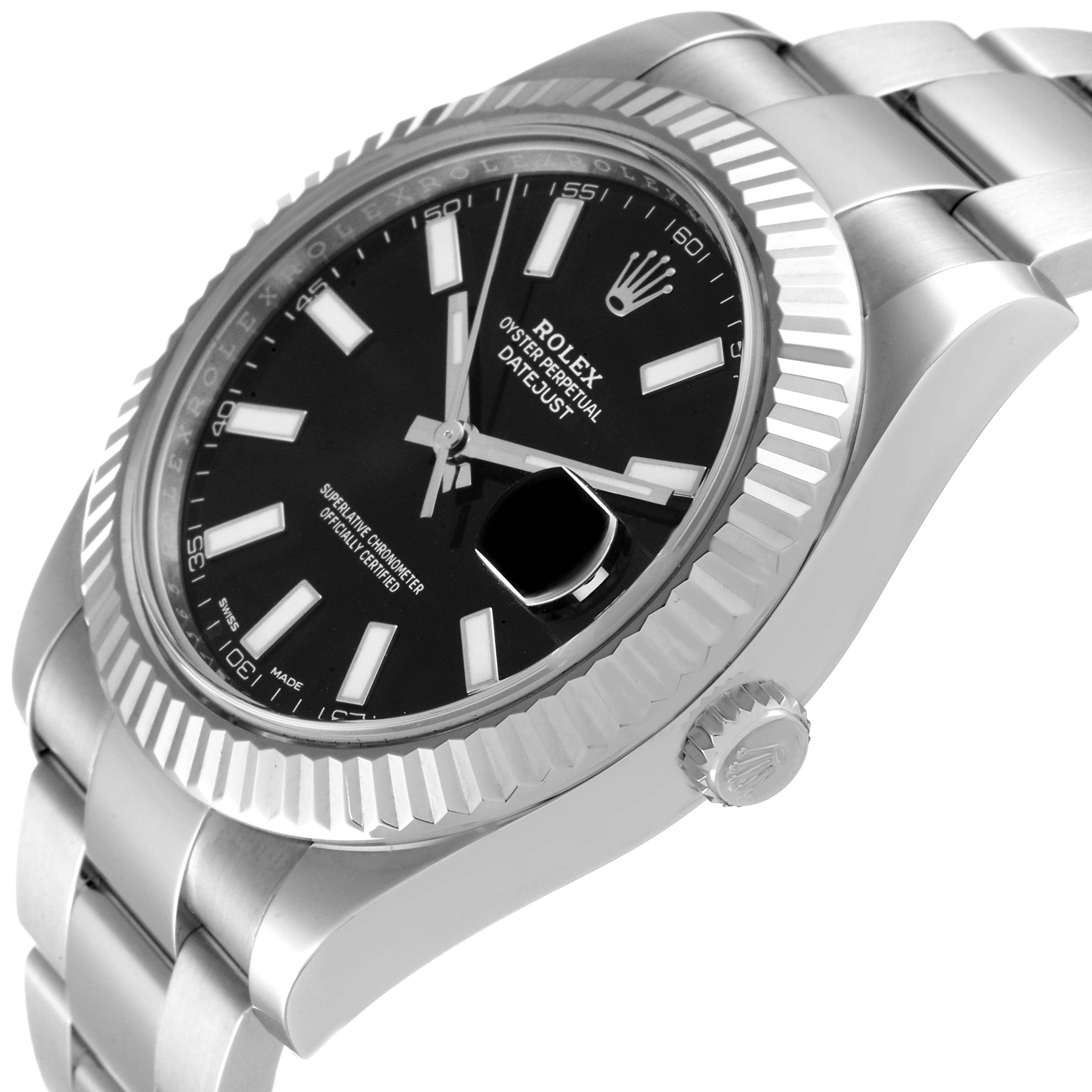 The Rolex Datejust 41 116334 Men's Stainless Steel Black Dial 116334 Men's Stainless Steel Black Dial watch is shown at an oblique angle, highlighting its black dial, fluted bezel, and part of the bracelet.