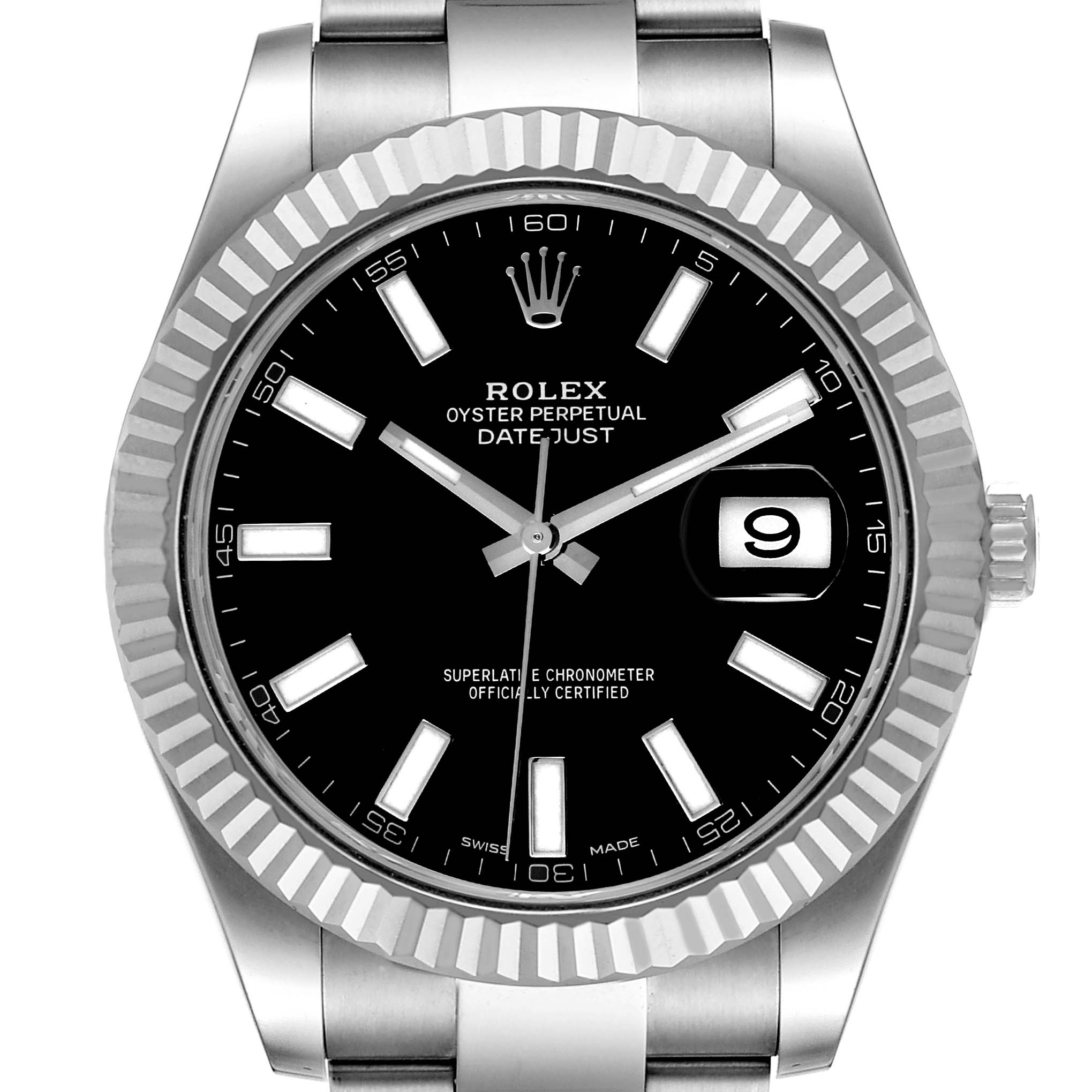 The image shows a front view of a Rolex Datejust 41 116334 Men's Stainless Steel Black Dial 116334 Men's Stainless Steel Black Dial watch, highlighting the black dial, fluted bezel, and date window.