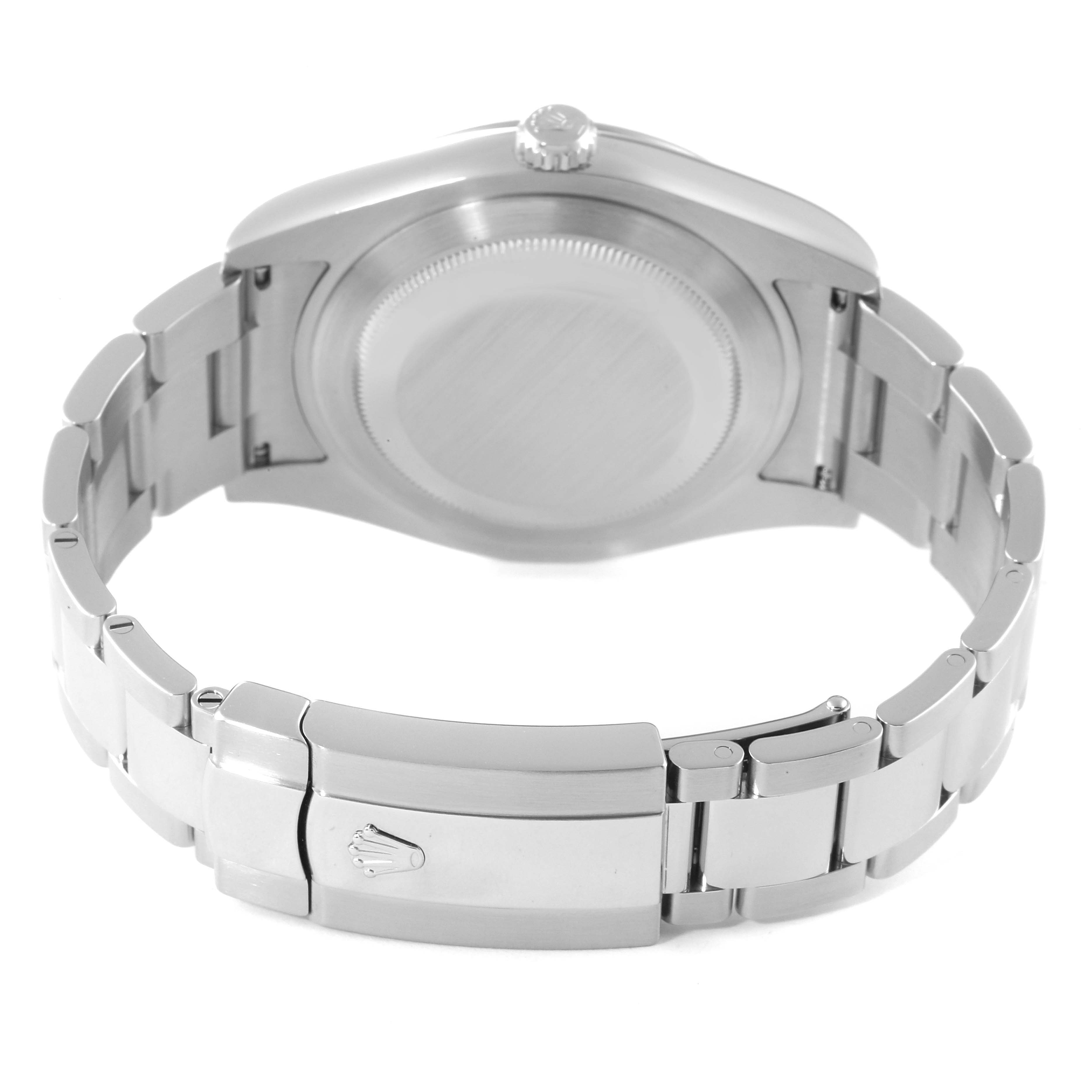 The image shows the back side of a Rolex Datejust 41 116334 Men's Stainless Steel Black Dial 116334 Men's Stainless Steel Black Dial watch, highlighting the caseback and the stainless steel bracelet with the clasp.