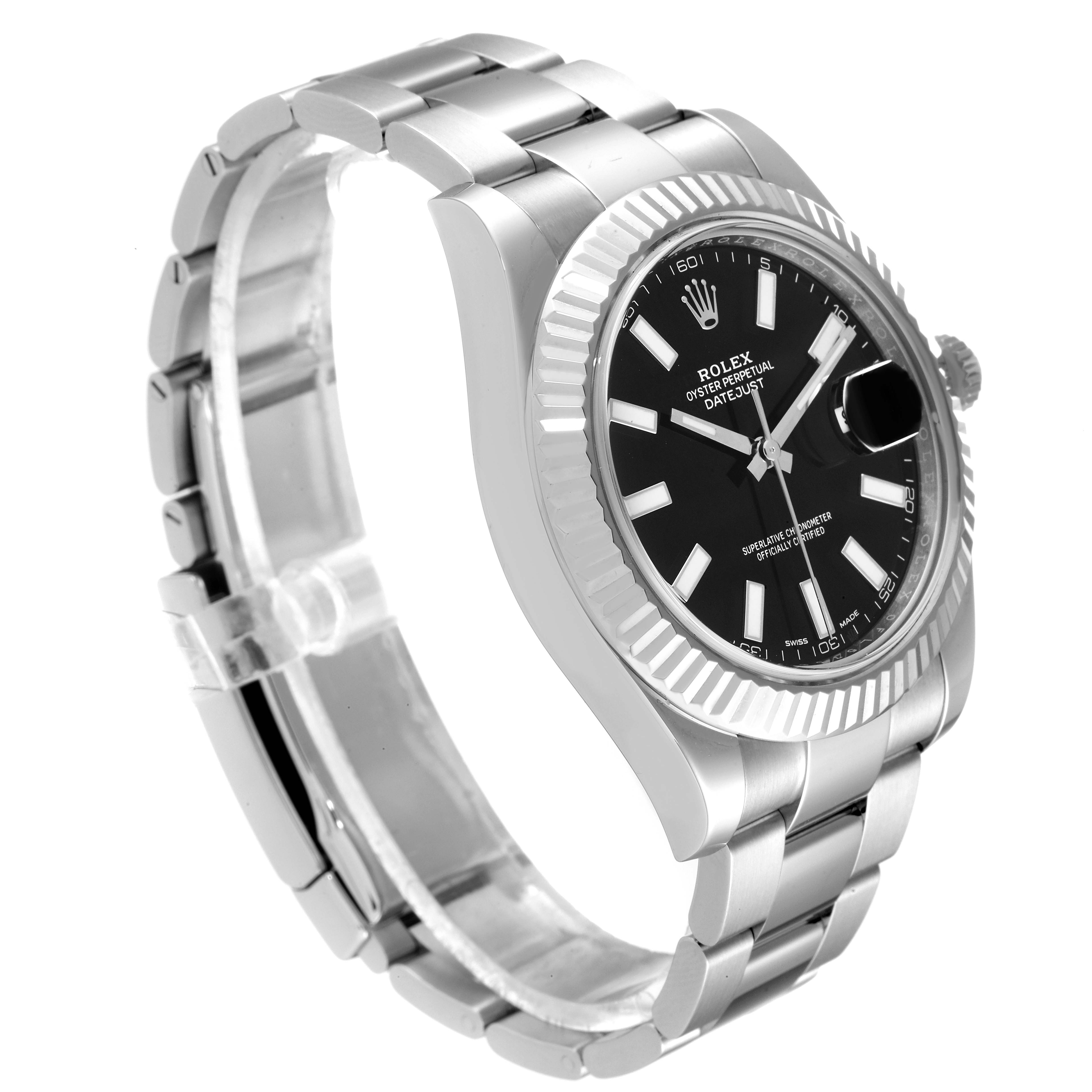 The image shows a side angle of the Rolex Datejust 41 116334 Men's Stainless Steel Black Dial 116334 Men's Stainless Steel Black Dial watch, highlighting its bracelet, bezel, and black dial with a date window.