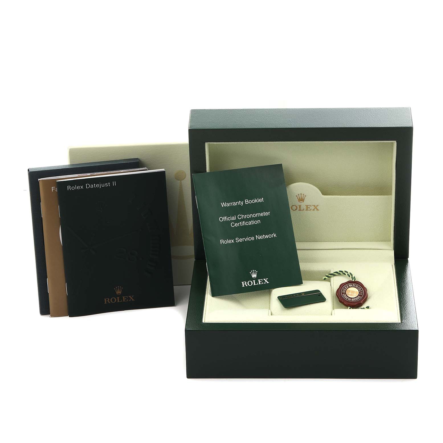 The image shows the Rolex Datejust 41 116334 Men's Stainless Steel Blue Dial 116334 Men's Stainless Steel Blue Dial packaging, warranty booklets, and accessories from a top-front angle.