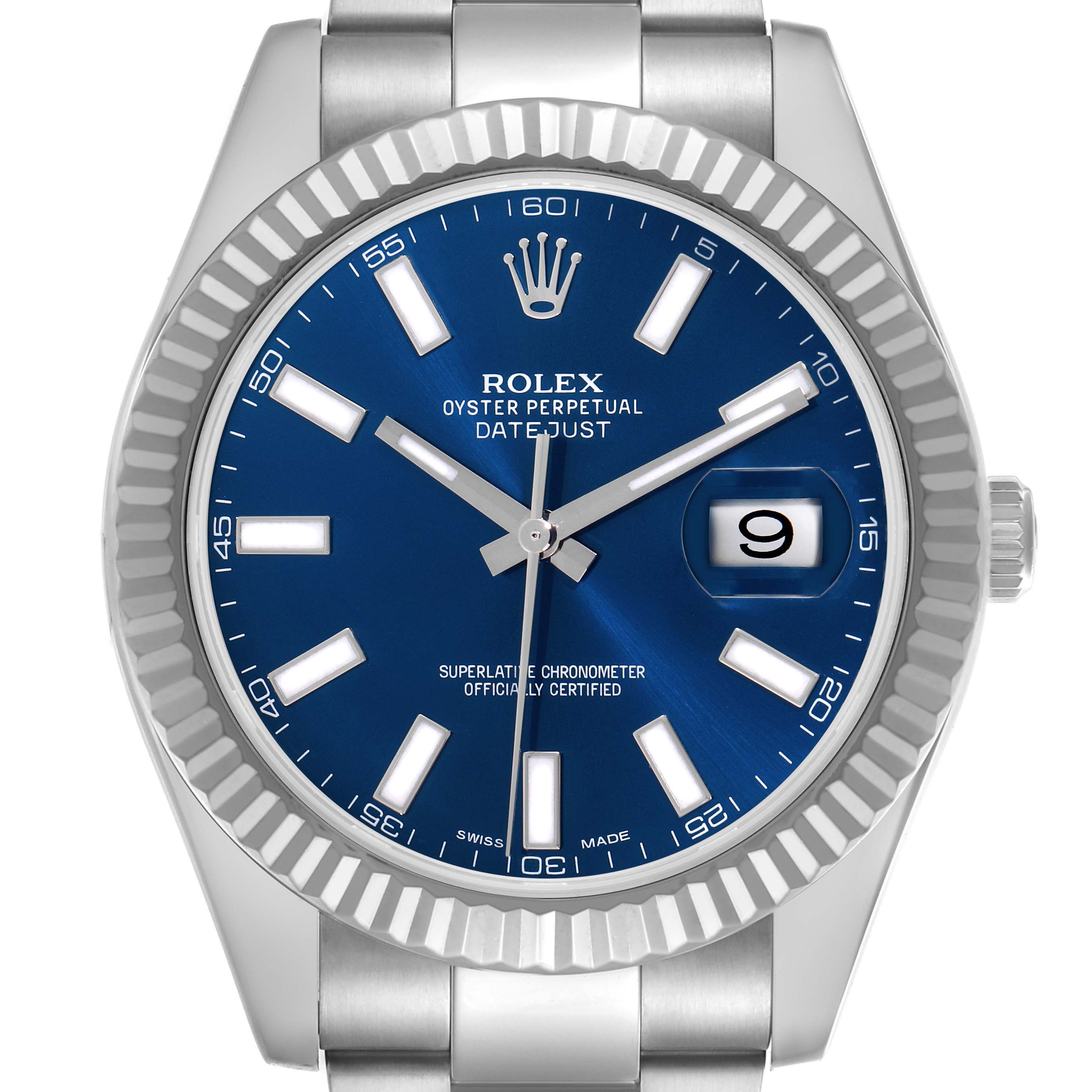 The Rolex Datejust 41 116334 Men's Stainless Steel Blue Dial 116334 Men's Stainless Steel Blue Dial model is shown from a front angle, highlighting the blue dial, fluted bezel, and bracelet.