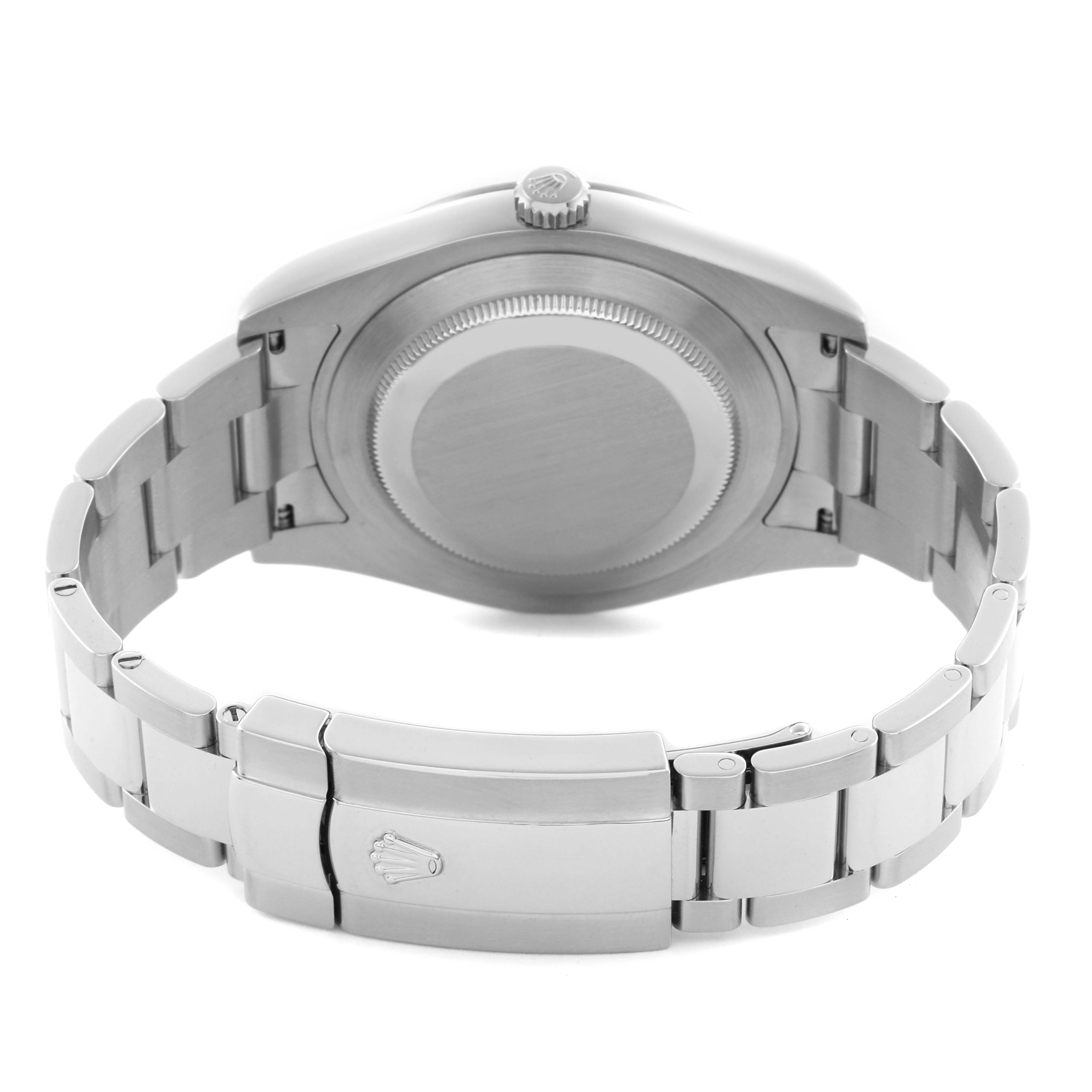 The image shows the back of the Rolex Datejust 41 116334 Men's Stainless Steel Blue Dial 116334 Men's Stainless Steel Blue Dial, highlighting the case back, bracelet, and clasp.