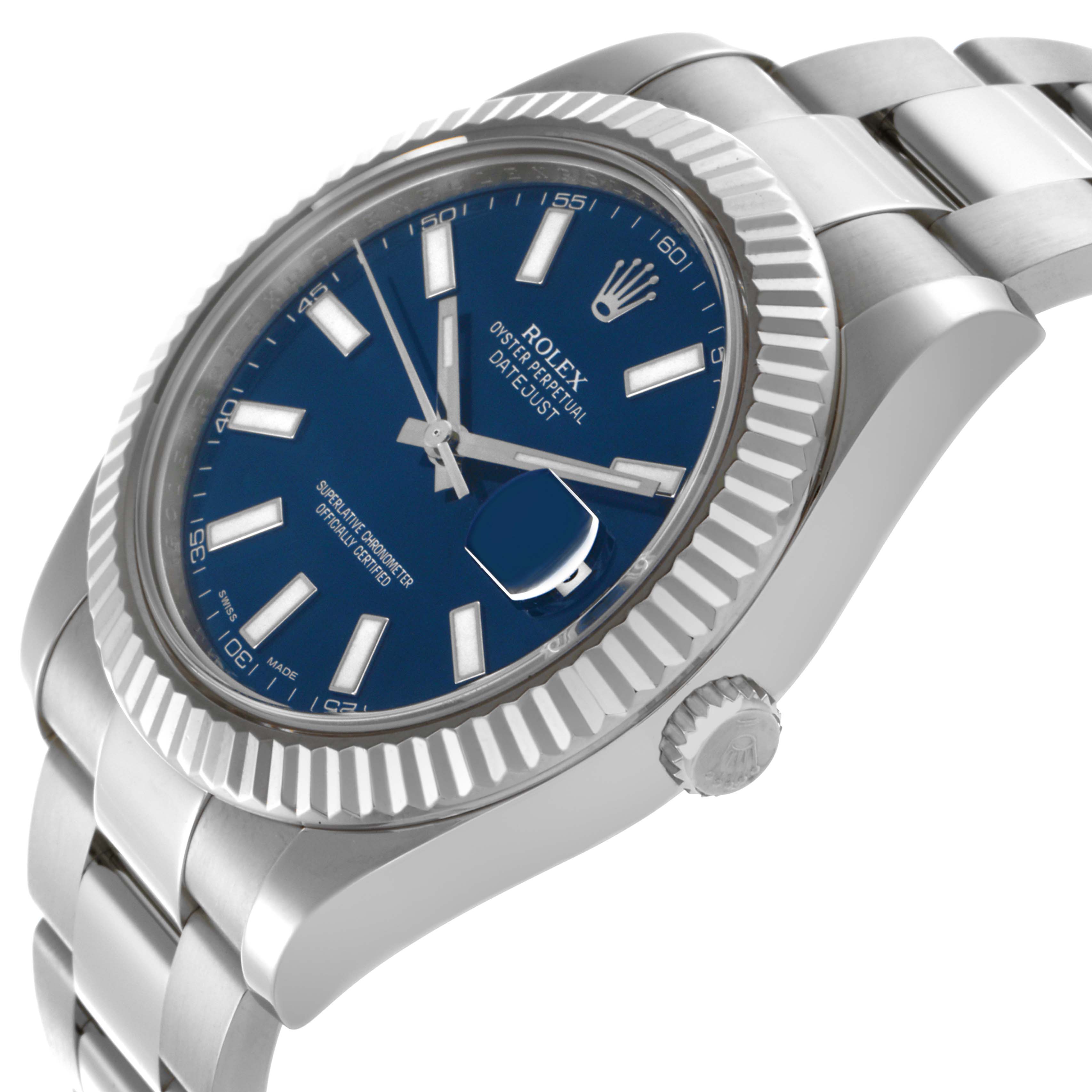 The Rolex Datejust 41 116334 Men's Stainless Steel Blue Dial 116334 Men's Stainless Steel Blue Dial is shown at a slight side angle, highlighting the blue dial, fluted bezel, and stainless steel bracelet.
