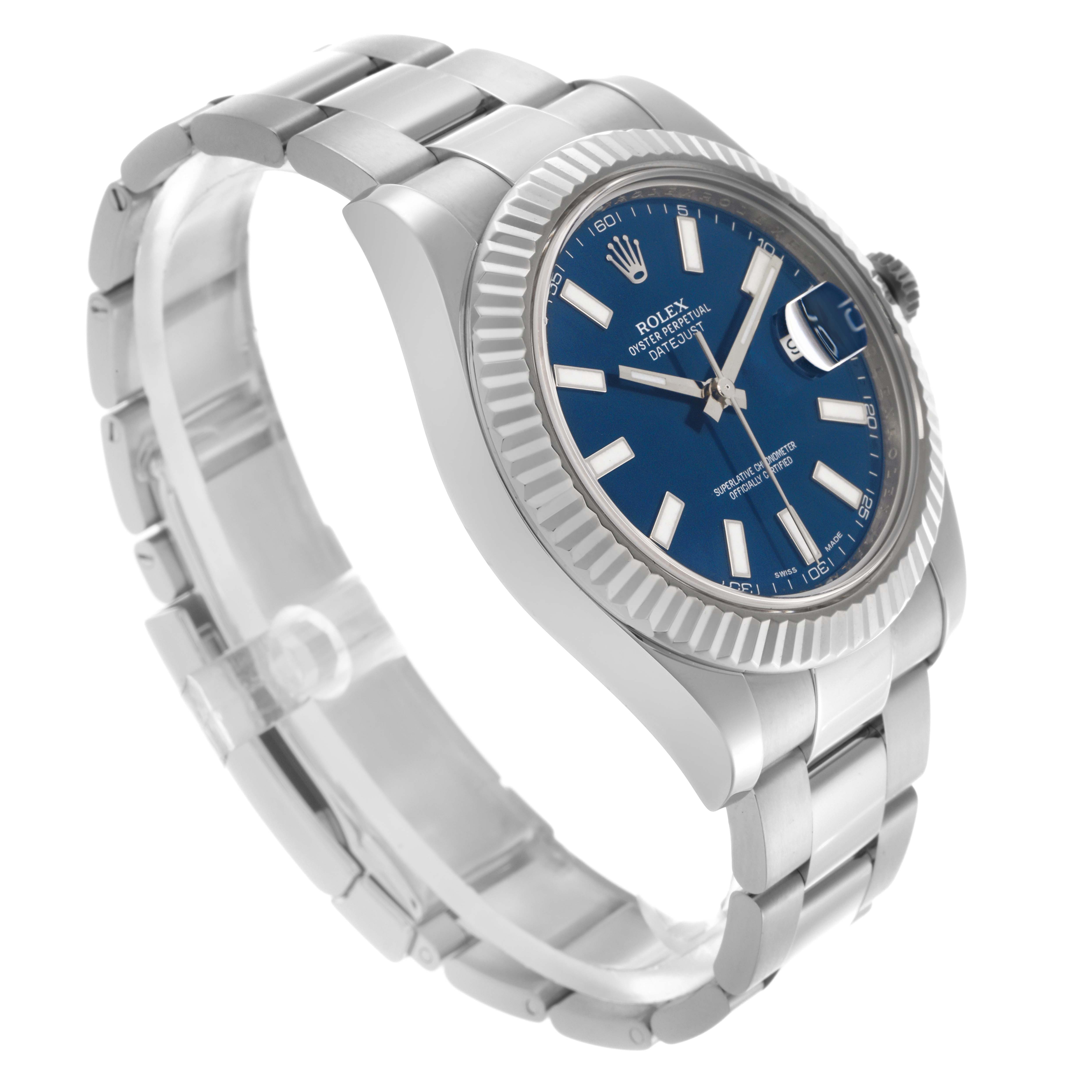 The Rolex Datejust 41 116334 Men's Stainless Steel Blue Dial 116334 Men's Stainless Steel Blue Dial model is shown from a three-quarter side angle, highlighting the blue dial, fluted bezel, and stainless steel bracelet.