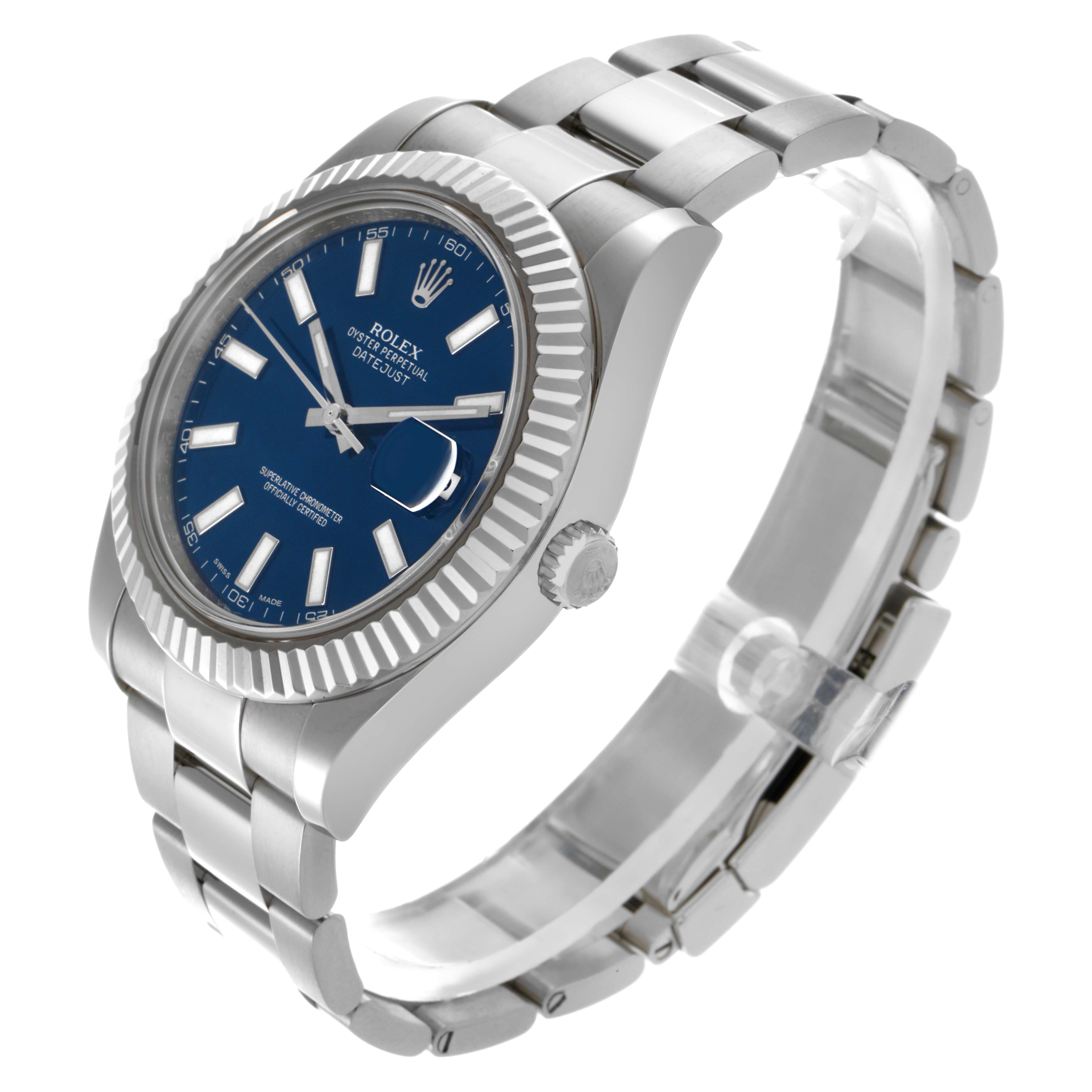 The Rolex Datejust 41 116334 Men's Stainless Steel Blue Dial 116334 Men's Stainless Steel Blue Dial watch is shown at a side angle, displaying the bezel, dial, crown, and bracelet.