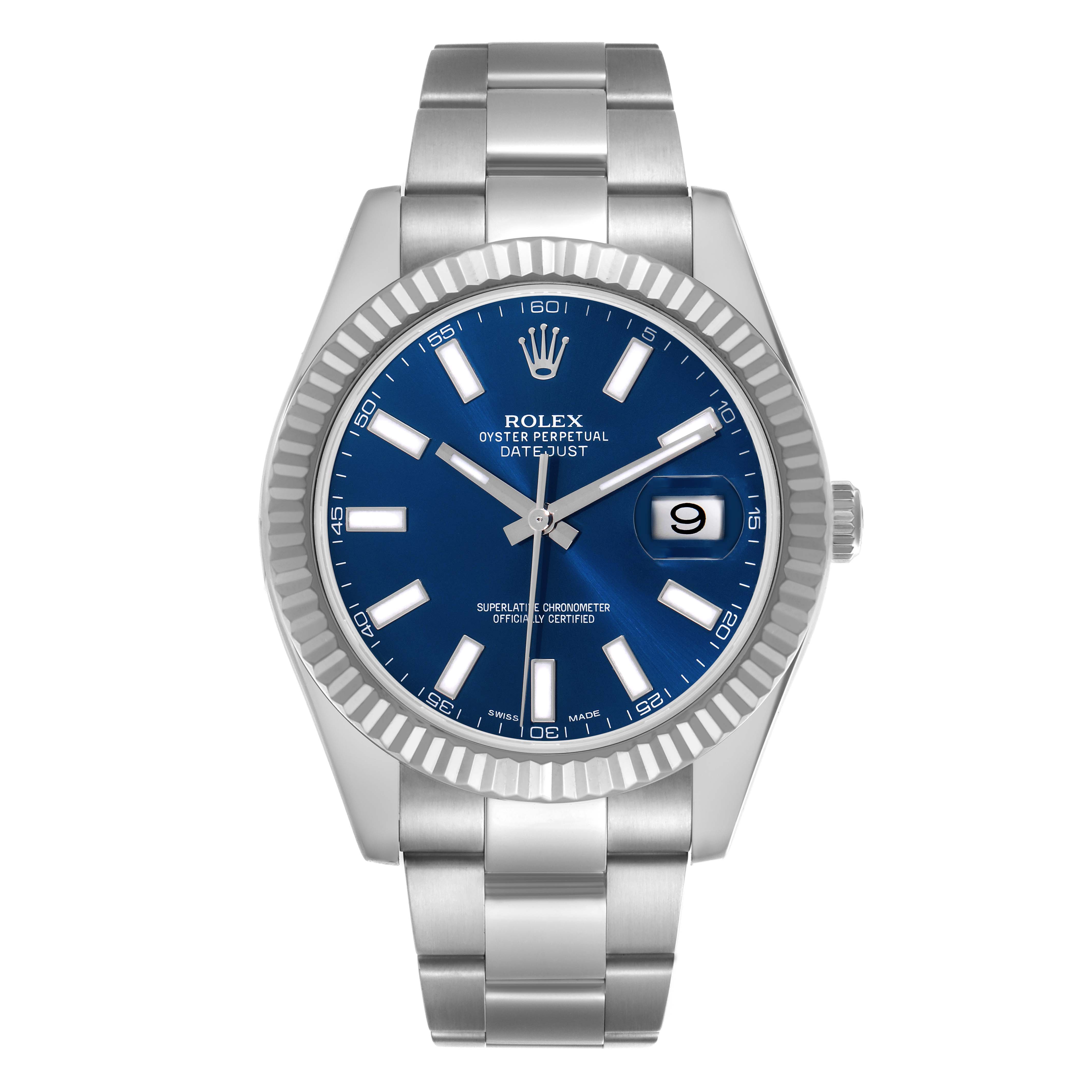 The Rolex Datejust 41 116334 Men's Stainless Steel Blue Dial 116334 Men's Stainless Steel Blue Dial is shown from the front, displaying its blue dial, bezel, and metal bracelet.