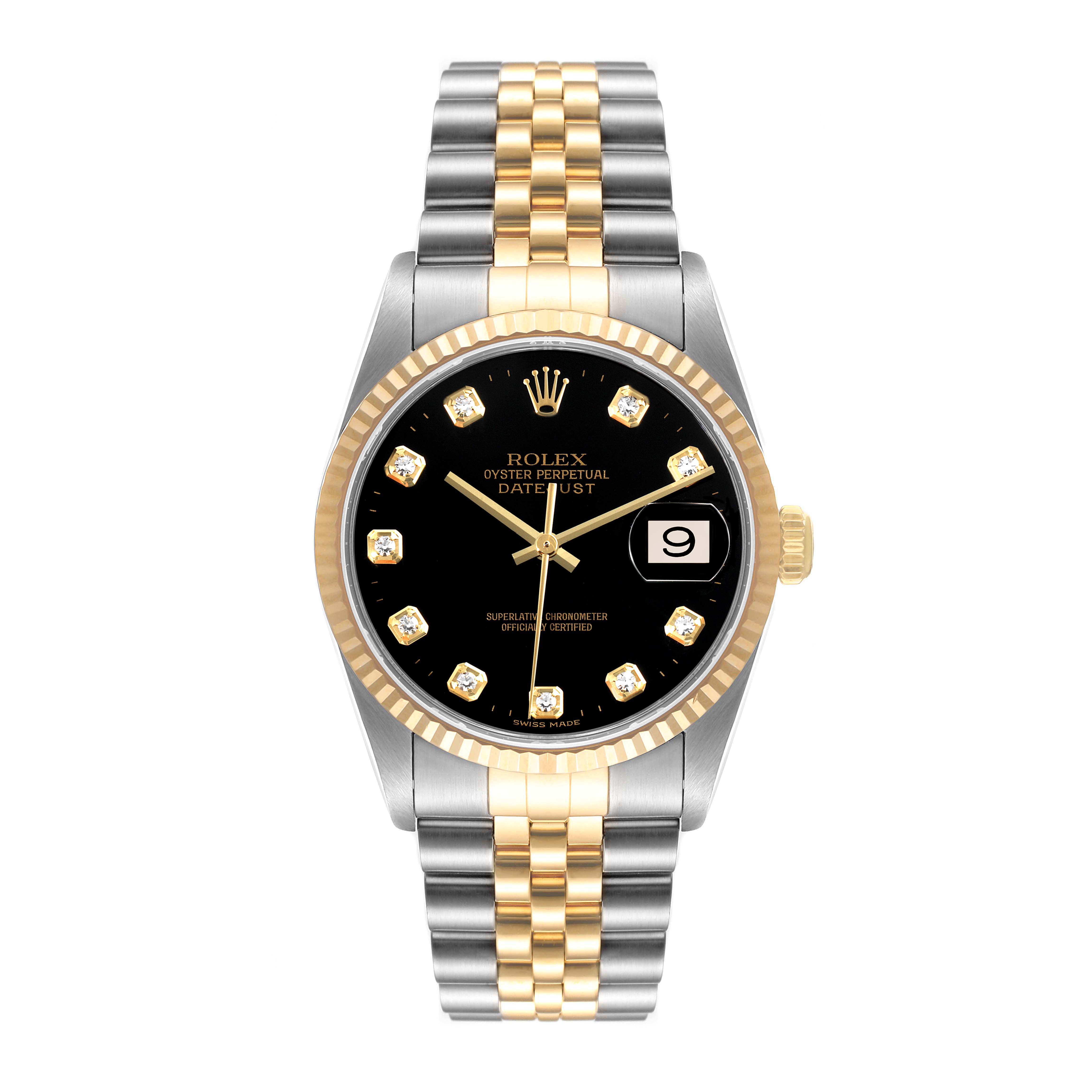This Rolex Datejust 16233 Men's Steel and Gold (two tone) Black Dial 16233 Men's Steel and Gold (two tone) Black Dial watch is shown from the front, displaying the watch face, fluted bezel, and Jubilee bracelet.