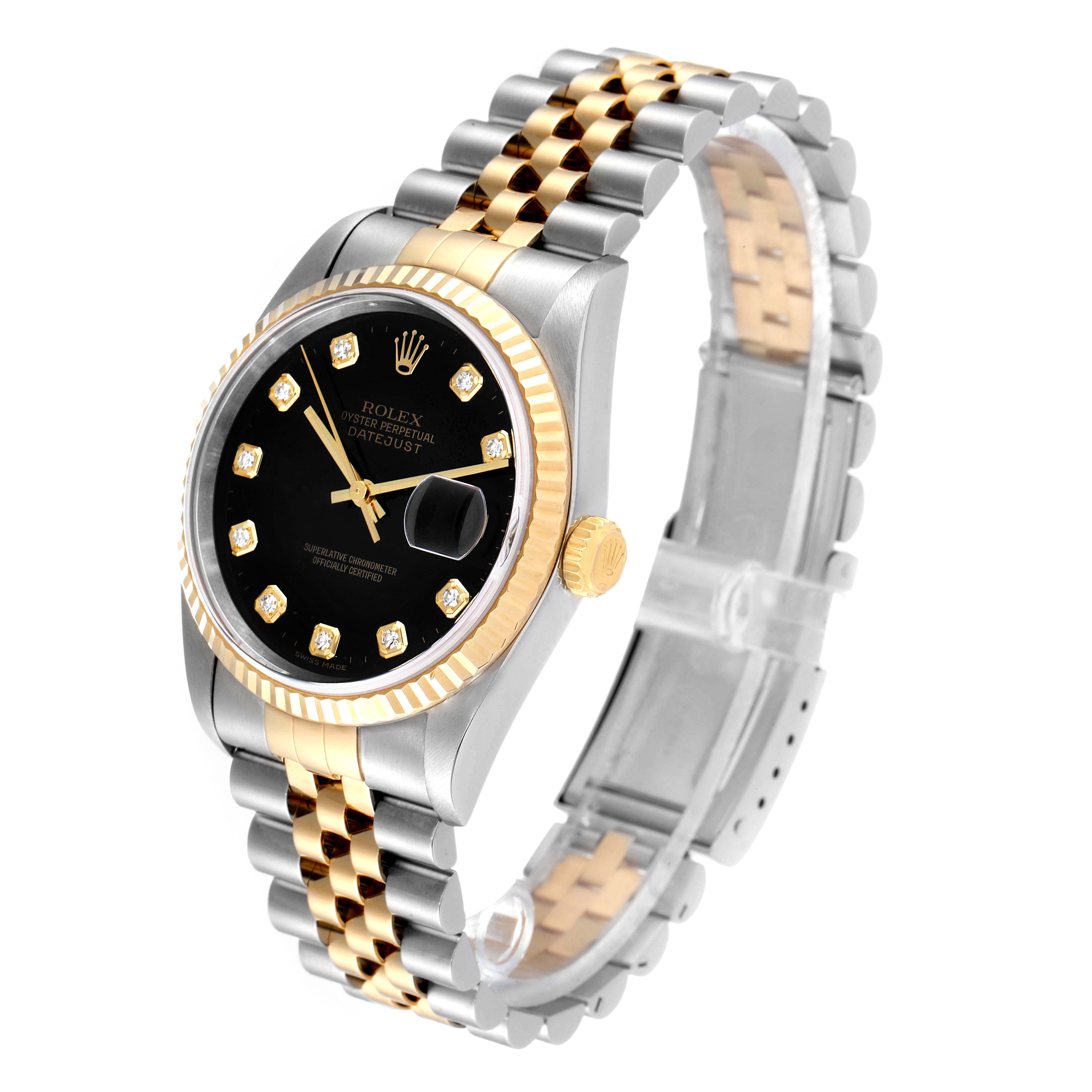 This image shows a Rolex Datejust 16233 Men's Steel and Gold (two tone) Black Dial 16233 Men's Steel and Gold (two tone) Black Dial watch at a slight angle, highlighting the black dial, gold fluted bezel, and two-tone bracelet.