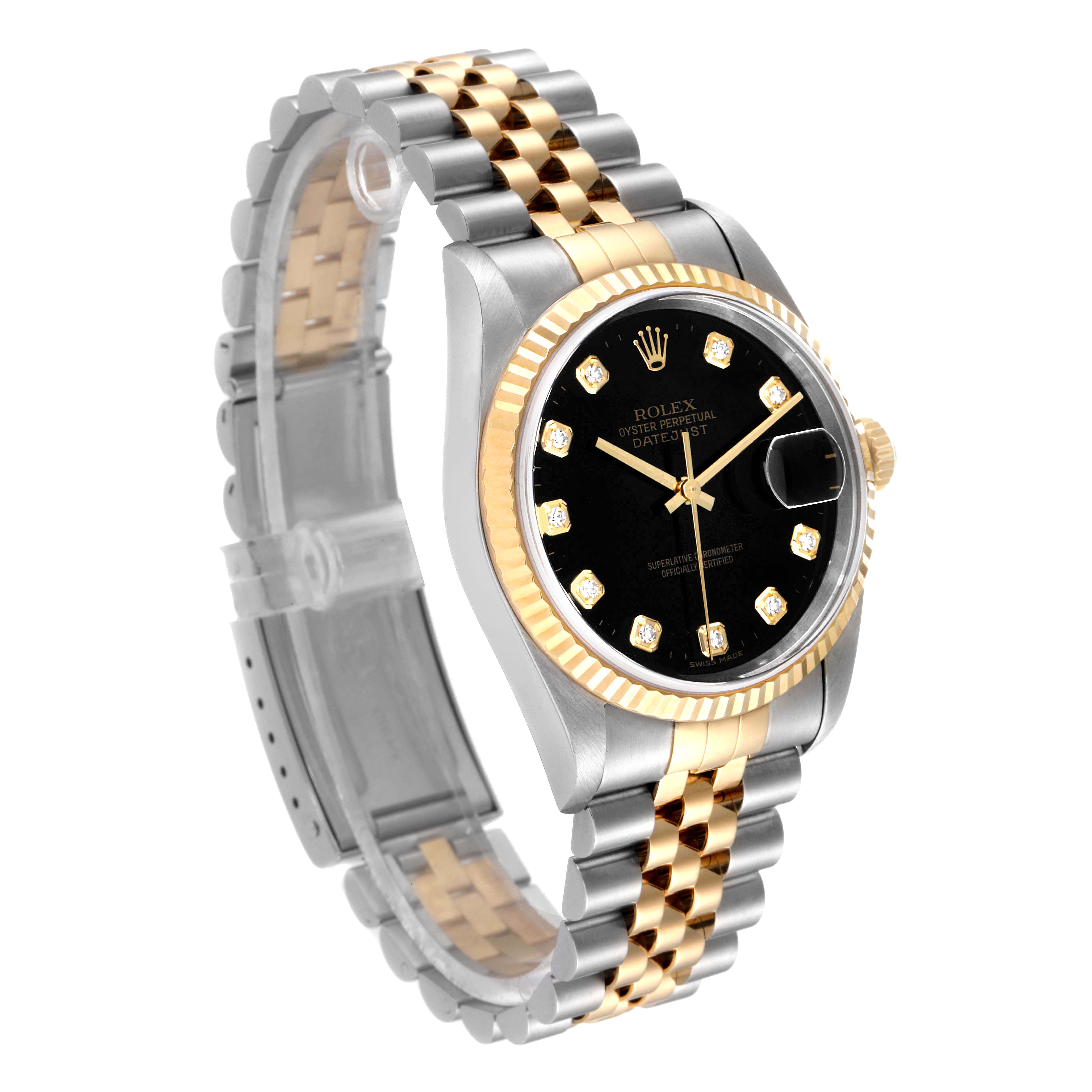 The image shows a Rolex Datejust 16233 Men's Steel and Gold (two tone) Black Dial 16233 Men's Steel and Gold (two tone) Black Dial watch at a three-quarter angle, highlighting its gold and silver Jubilee bracelet and black dial with diamond indices.