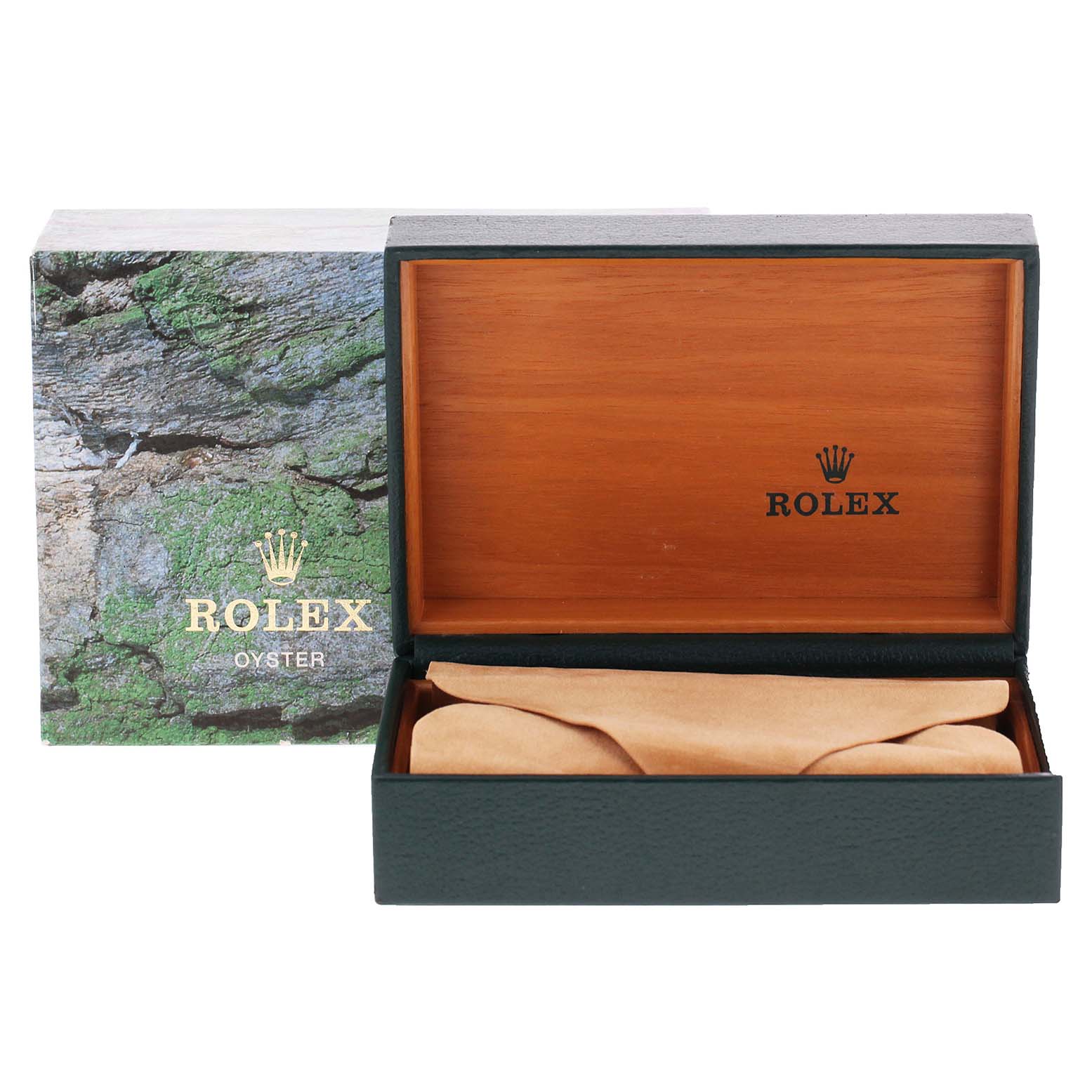 The image shows the open wooden box and outer packaging for a Rolex Datejust 16233 Men's Steel and Gold (two tone) Black Dial 16233 Men's Steel and Gold (two tone) Black Dial watch, with the Rolex logo prominently displayed.
