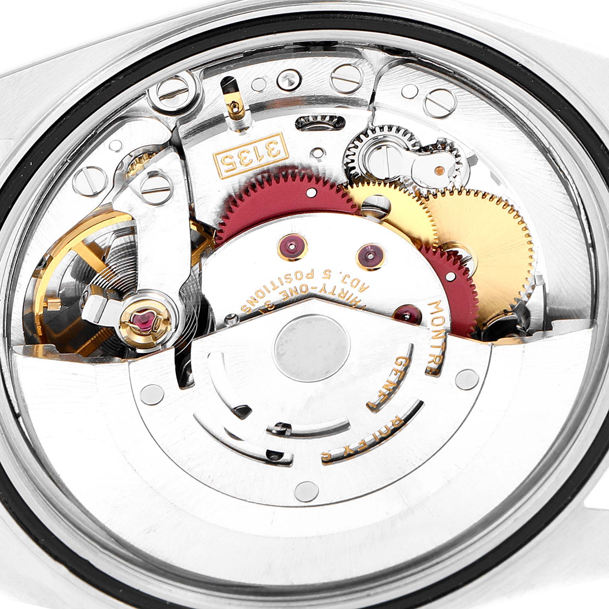 This image shows the inner mechanical movement of a Rolex Datejust 16233 Men's Steel and Gold (two tone) Black Dial 16233 Men's Steel and Gold (two tone) Black Dial watch, focusing on the gears and intricate components.