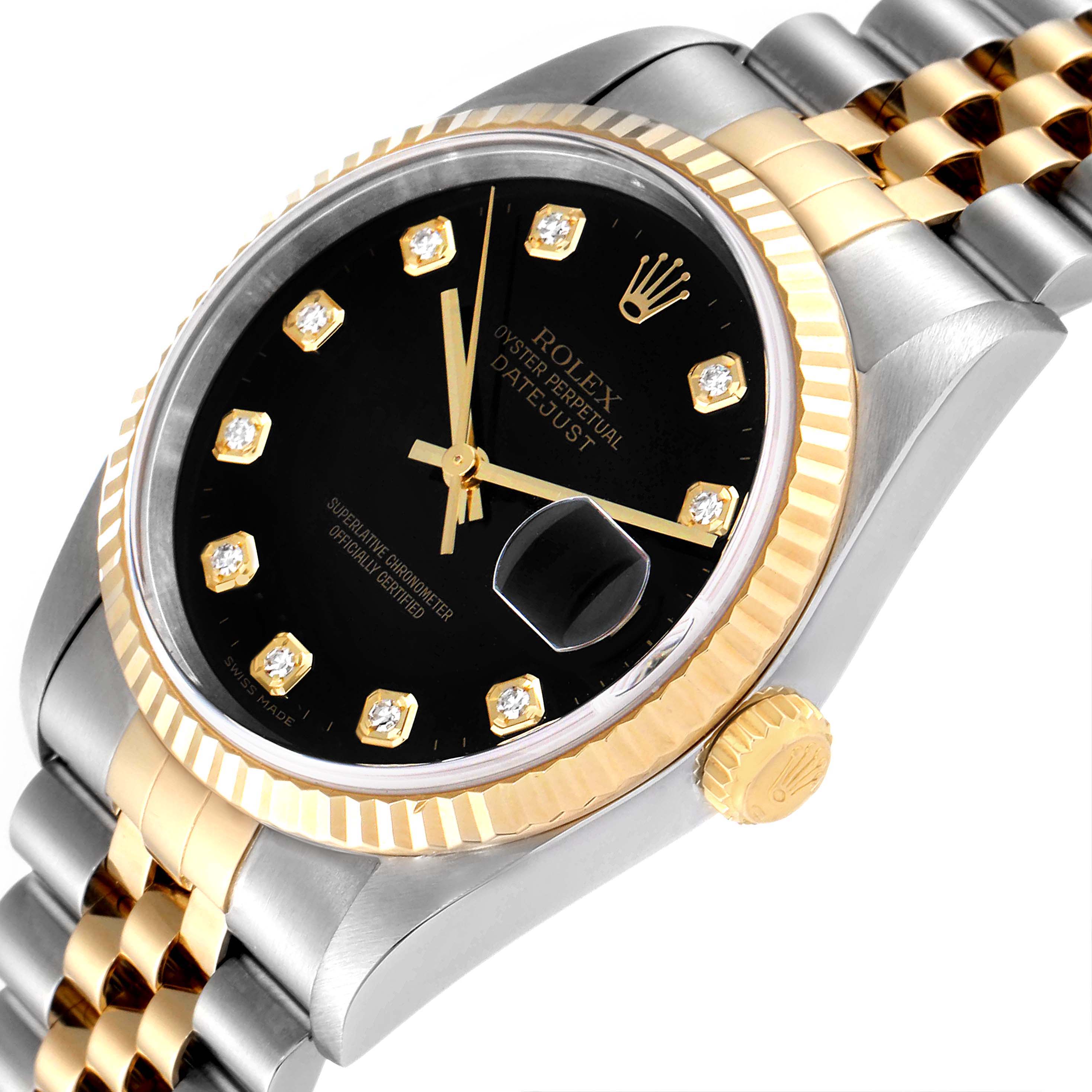 The image shows a close-up angled view of a Rolex Datejust 16233 Men's Steel and Gold (two tone) Black Dial 16233 Men's Steel and Gold (two tone) Black Dial watch, highlighting its black dial, gold markers, fluted bezel, and two-tone bracelet.