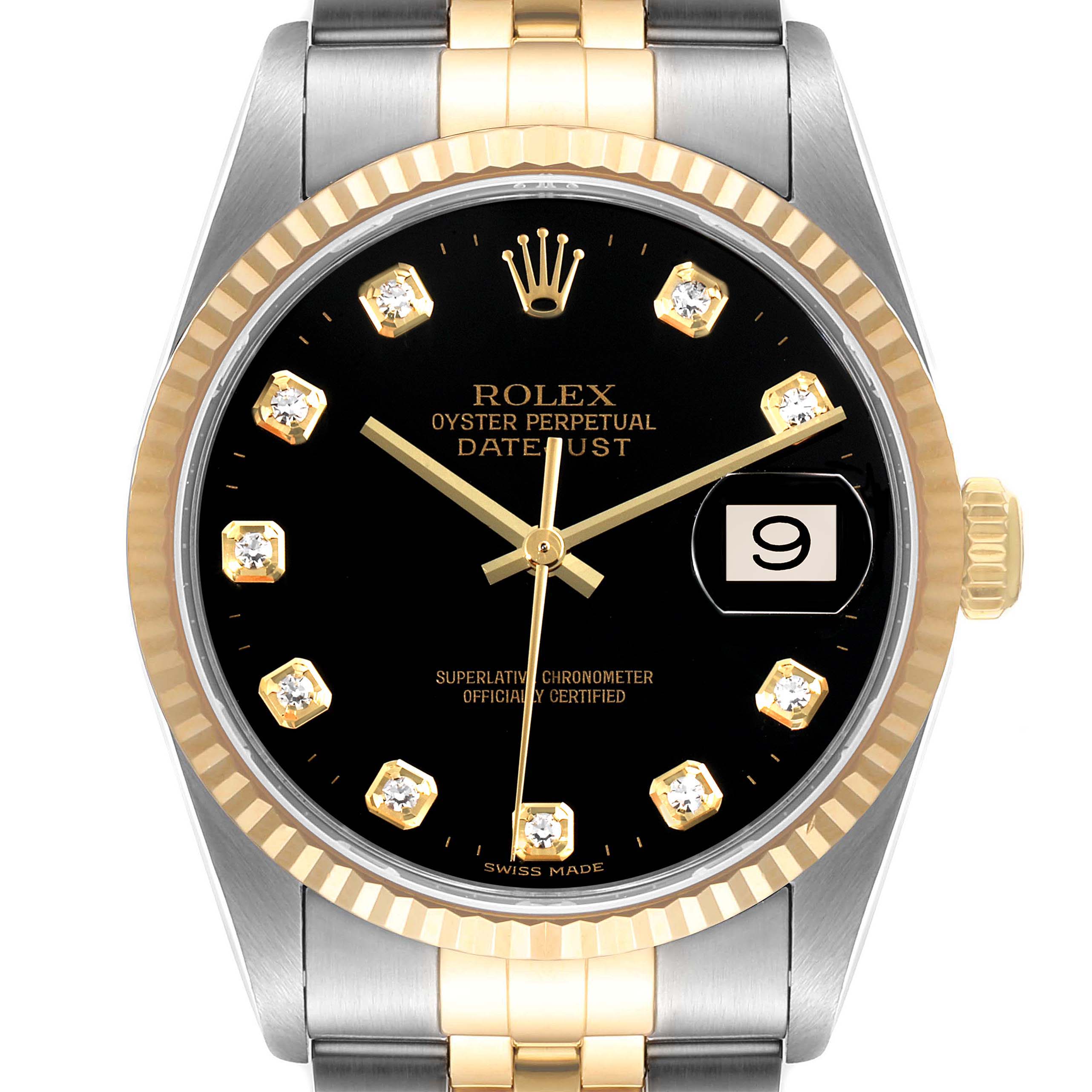 The Rolex Datejust 16233 Men's Steel and Gold (two tone) Black Dial 16233 Men's Steel and Gold (two tone) Black Dial watch is shown from the front, displaying its dial, bezel, crown, and a portion of the bracelet.