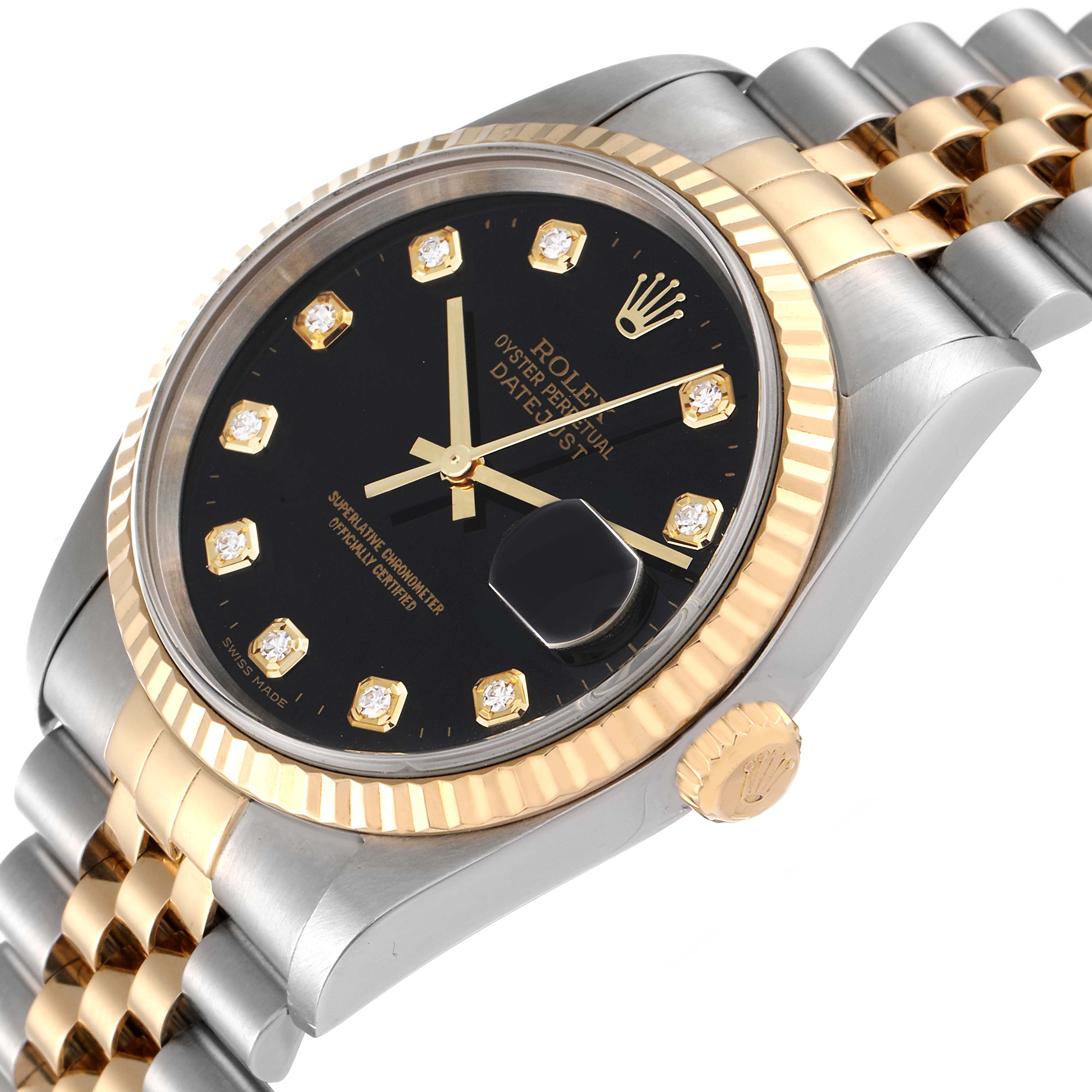 The image shows a Rolex Datejust 16233 Men's Steel and Gold (two tone) Black Dial 16233 Men's Steel and Gold (two tone) Black Dial watch at an angled view, highlighting the black dial, diamond markers, fluted bezel, and two-tone bracelet.