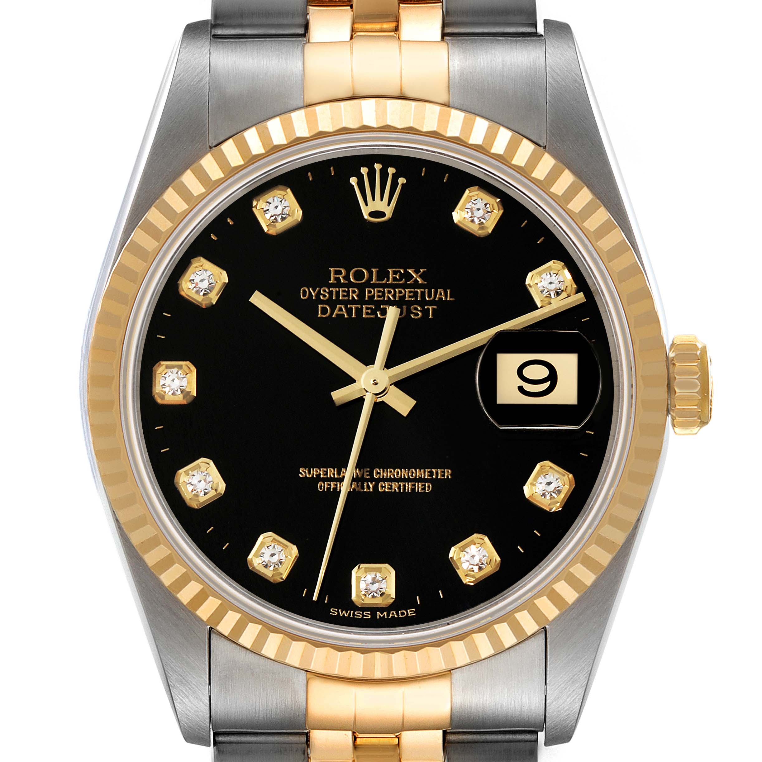 The image shows a close-up, front-facing view of a Rolex Datejust 16233 Men's Steel and Gold (two tone) Black Dial 16233 Men's Steel and Gold (two tone) Black Dial watch, highlighting the dial, bezel, and part of the bracelet.