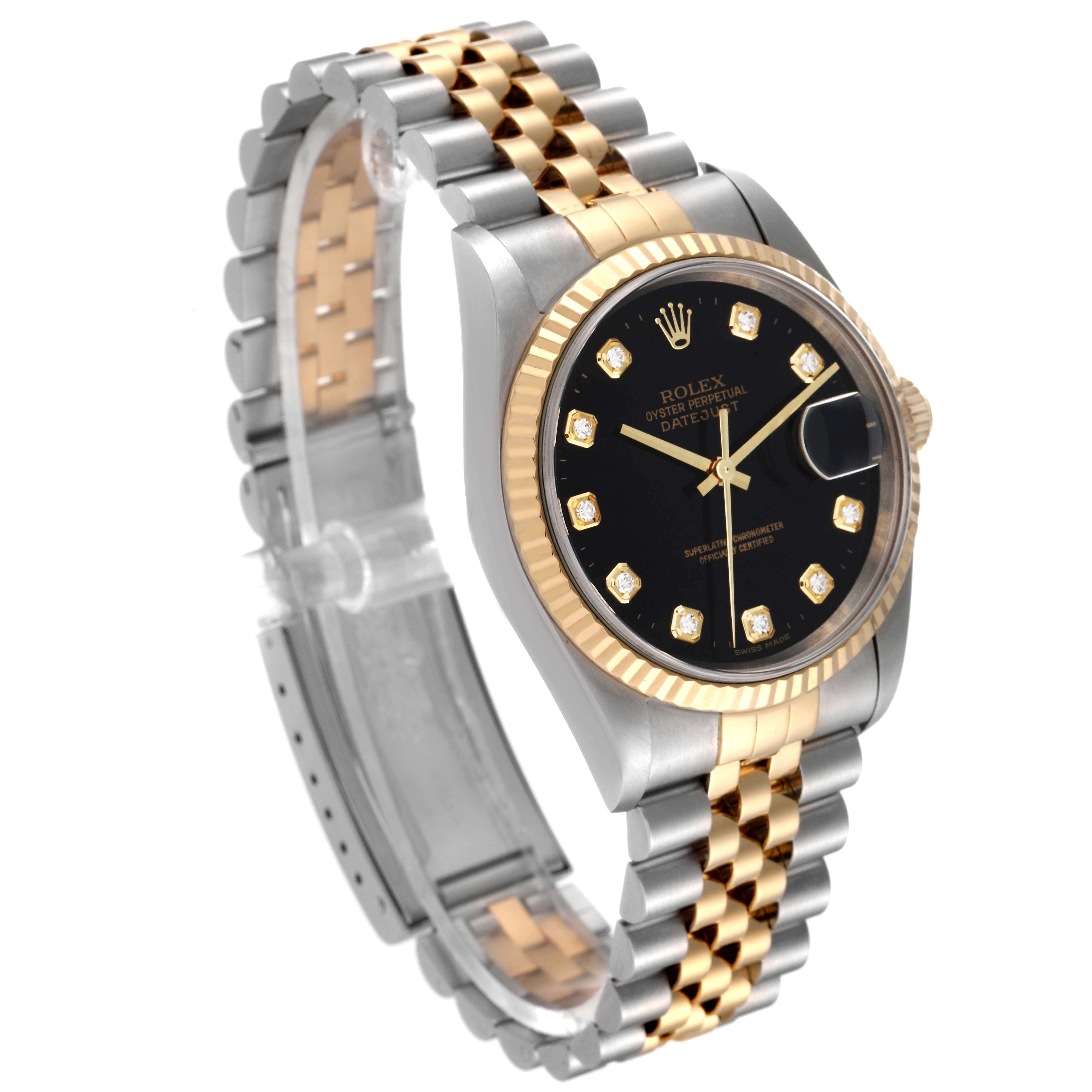 The image shows a angled view of a Rolex Datejust 16233 Men's Steel and Gold (two tone) Black Dial 16233 Men's Steel and Gold (two tone) Black Dial watch, displaying its two-tone bracelet, bezel, and black dial with diamond markers.