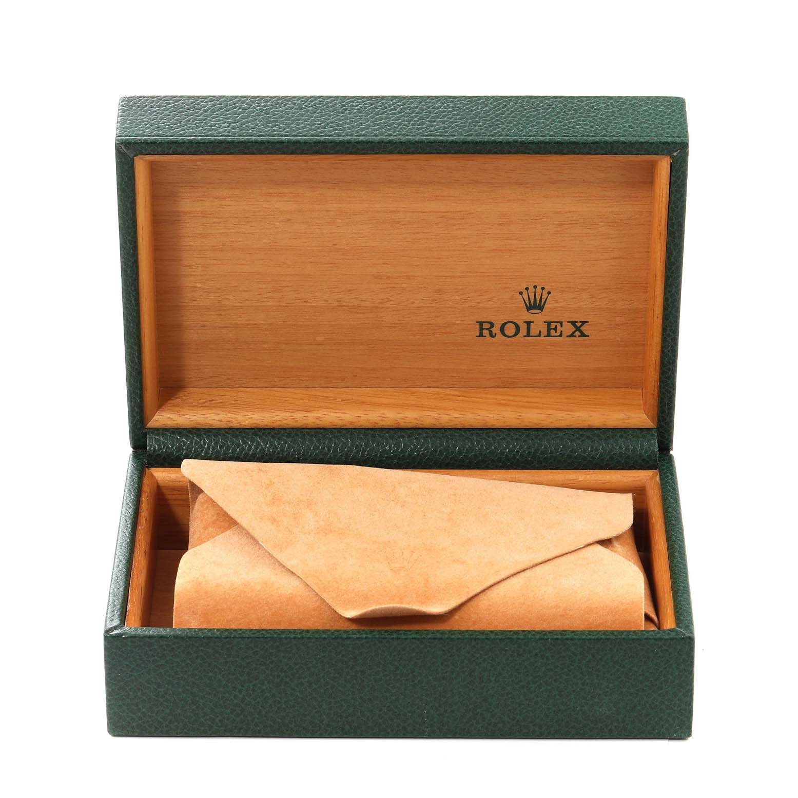 The image shows an open green and wooden Rolex Datejust 16233 Men's Steel and Gold (two tone) Black Dial 16233 Men's Steel and Gold (two tone) Black Dial watch box, with a beige pouch inside.