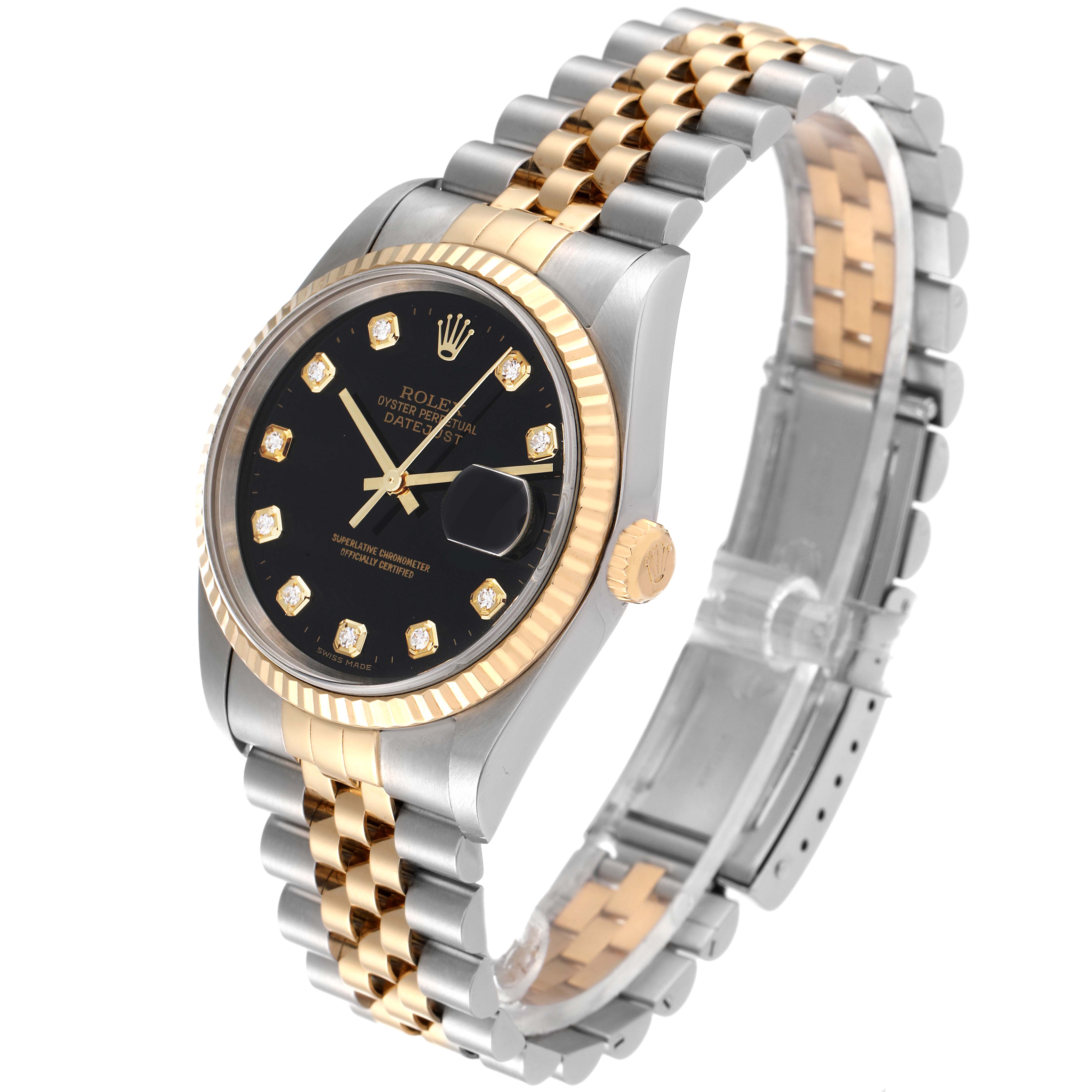 The image shows a Rolex Datejust 16233 Men's Steel and Gold (two tone) Black Dial 16233 Men's Steel and Gold (two tone) Black Dial watch at a three-quarter angle, featuring a two-tone jubilee bracelet, fluted bezel, and black dial with diamond markers.