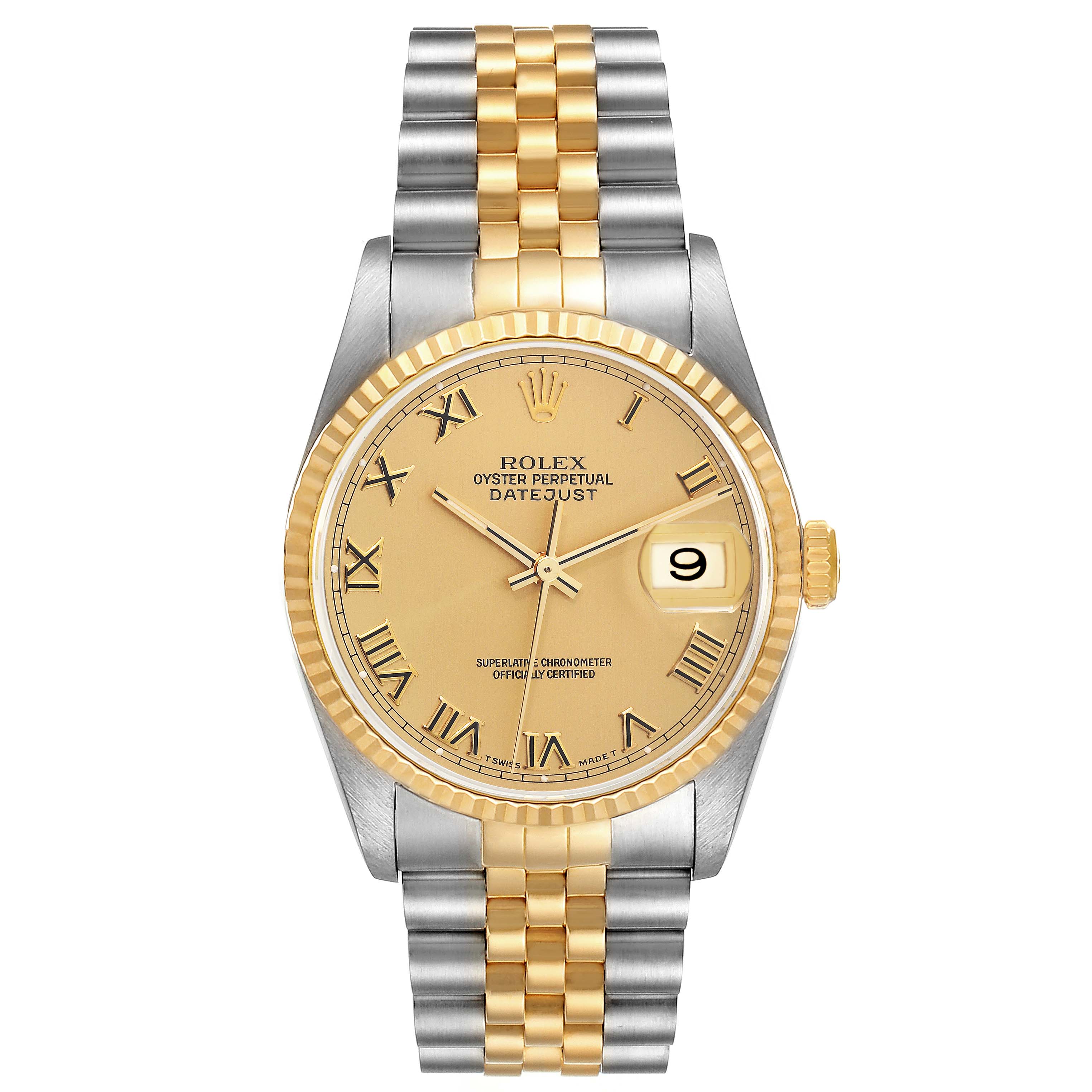 This Rolex Datejust 16233 Men's Steel and Gold (two tone) Champagne Dial 16233 Men's Steel and Gold (two tone) Champagne Dial watch is shown from the front, highlighting its dial, bezel, hands, and two-tone bracelet.