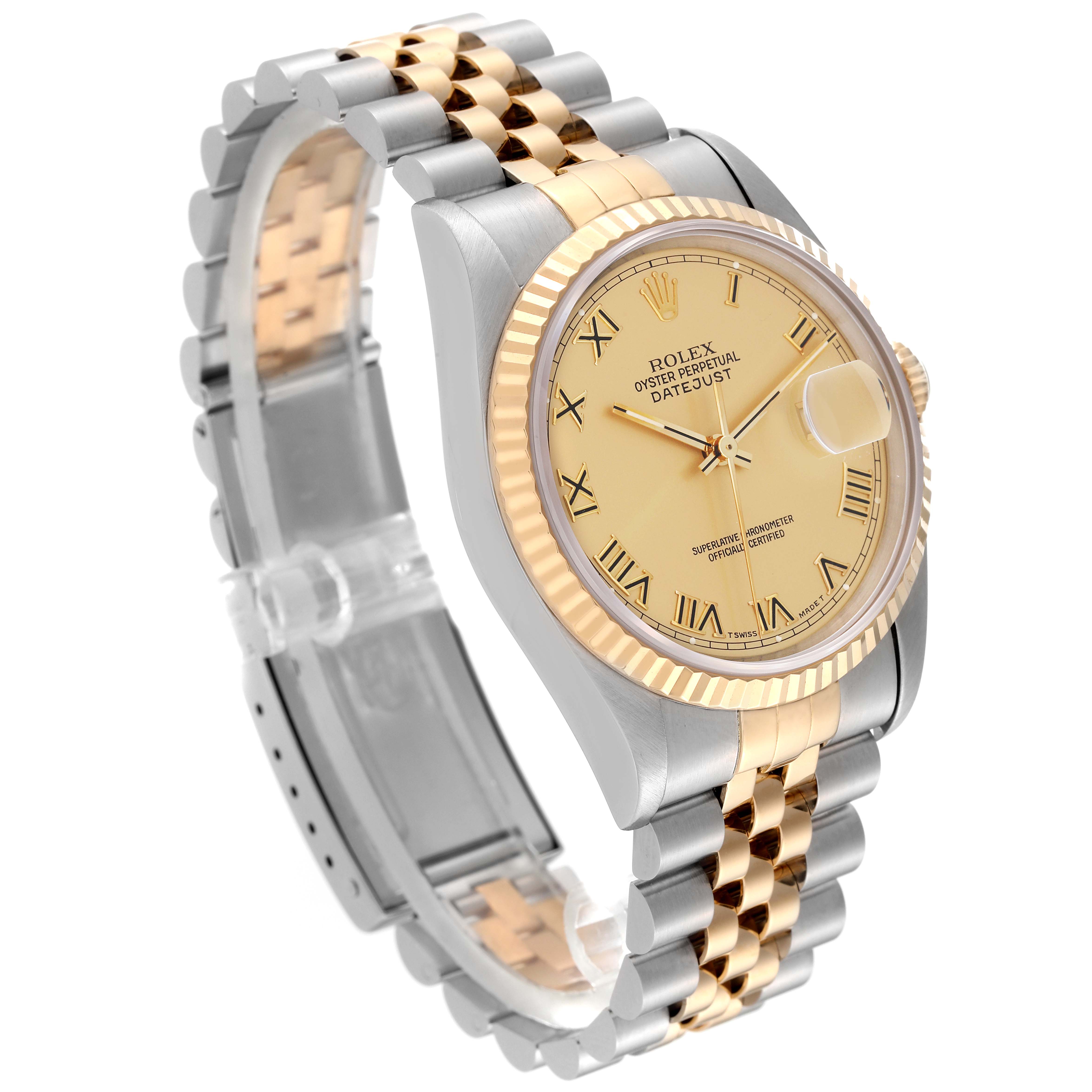 The Rolex Datejust 16233 Men's Steel and Gold (two tone) Champagne Dial 16233 Men's Steel and Gold (two tone) Champagne Dial watch is shown at a slight angle, highlighting the front face with Roman numeral markers and the two-tone bracelet.