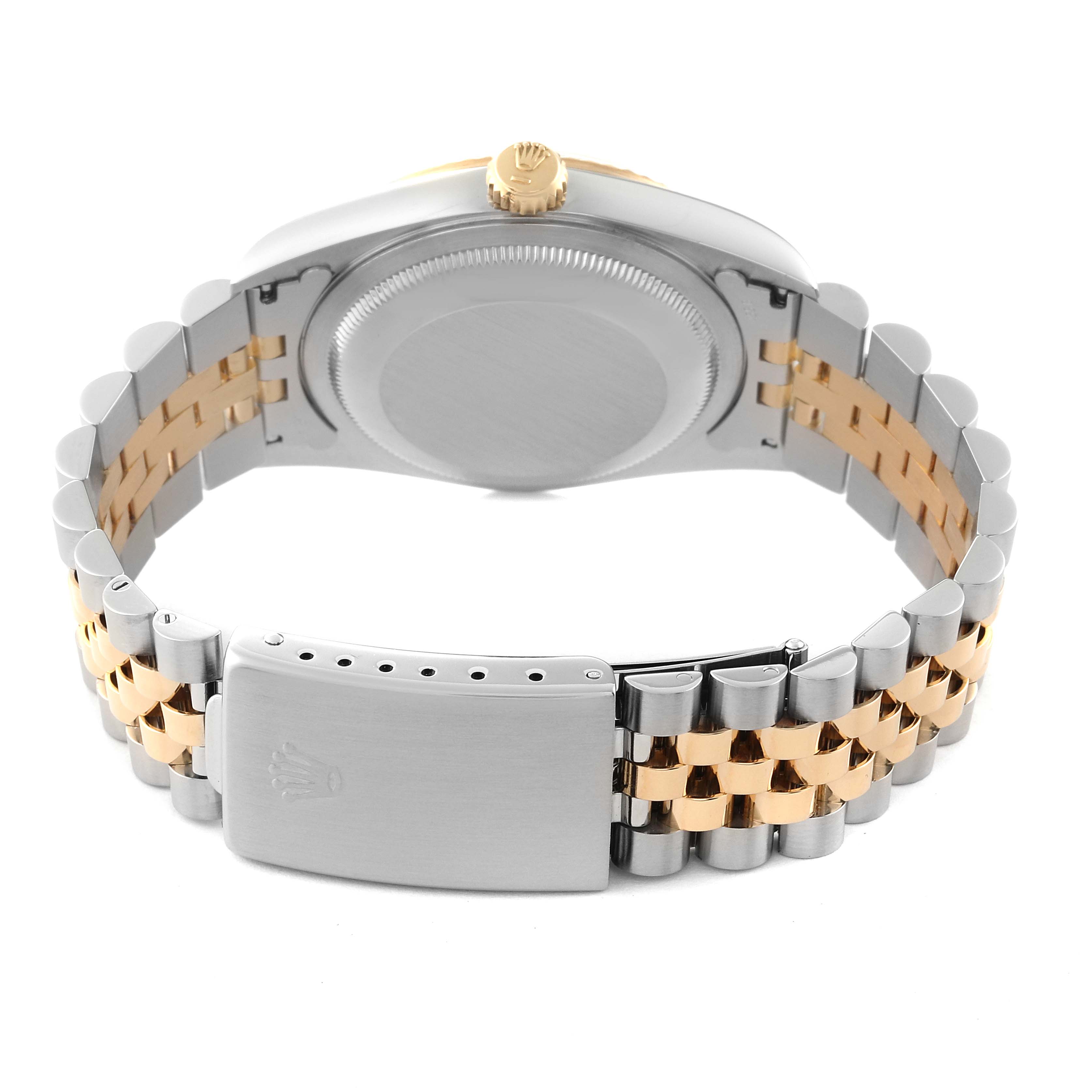 This image shows the back view of the Rolex Datejust 16233 Men's Steel and Gold (two tone) Champagne Dial 16233 Men's Steel and Gold (two tone) Champagne Dial watch, highlighting its two-tone bracelet and clasp.