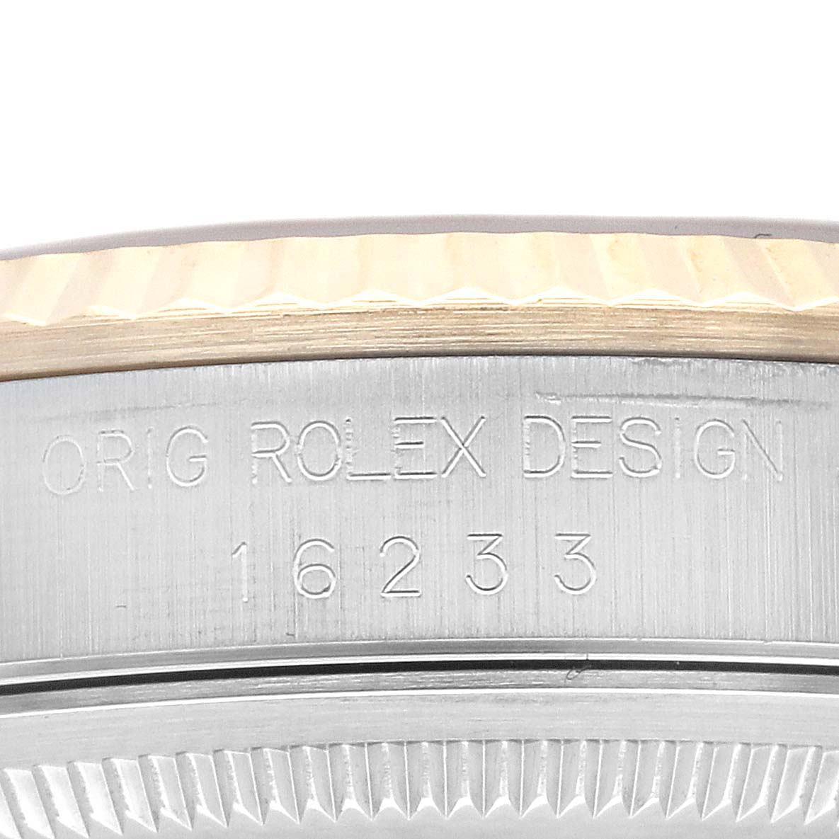 This image shows the engraved side view of a Rolex Datejust 16233 Men's Steel and Gold (two tone) Champagne Dial 16233 Men's Steel and Gold (two tone) Champagne Dial watch, displaying the model number "16233" and "Orig Rolex Design."