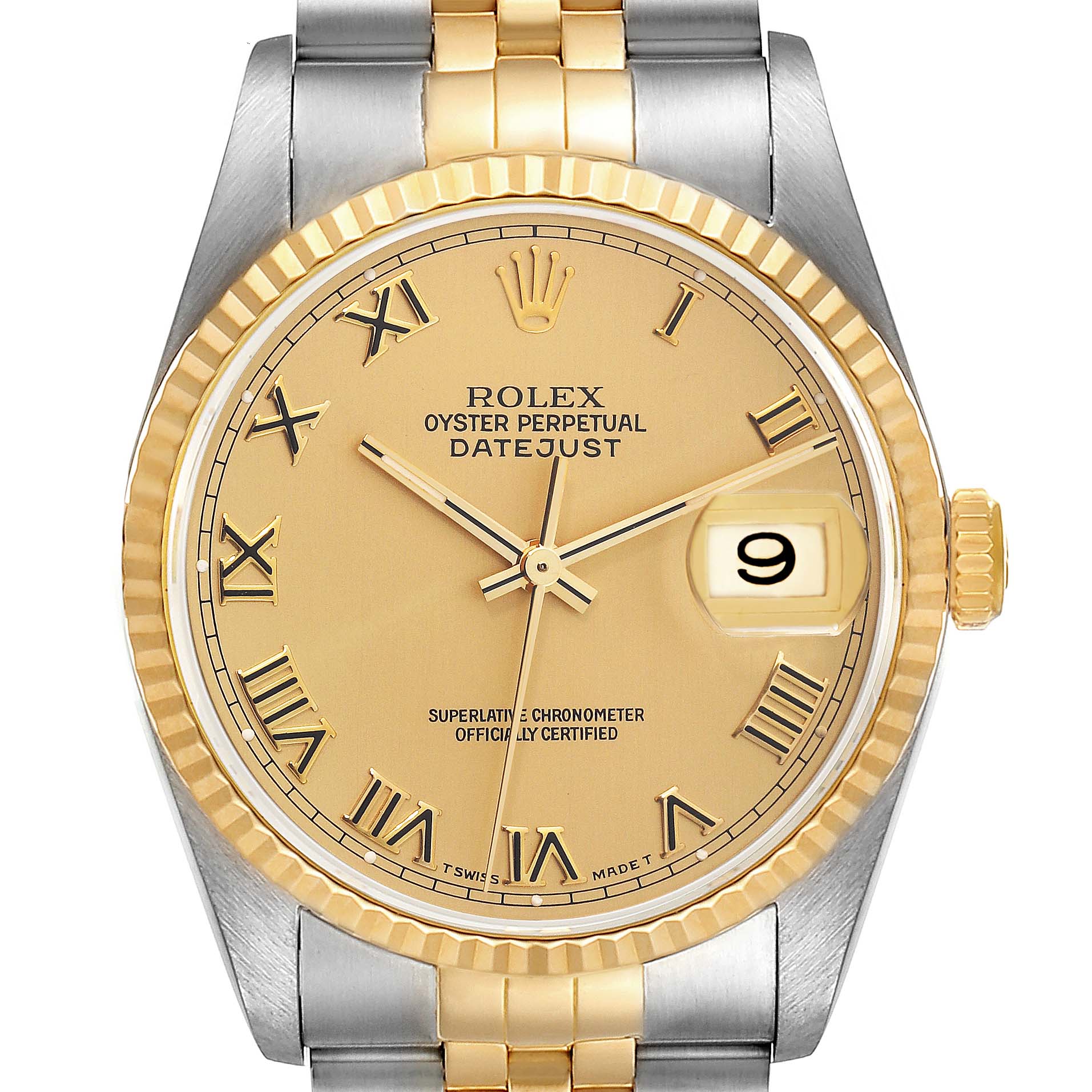 This is a close-up view of the Rolex Datejust 16233 Men's Steel and Gold (two tone) Champagne Dial 16233 Men's Steel and Gold (two tone) Champagne Dial watch, showing the dial, bezel, case, and part of the bracelet.