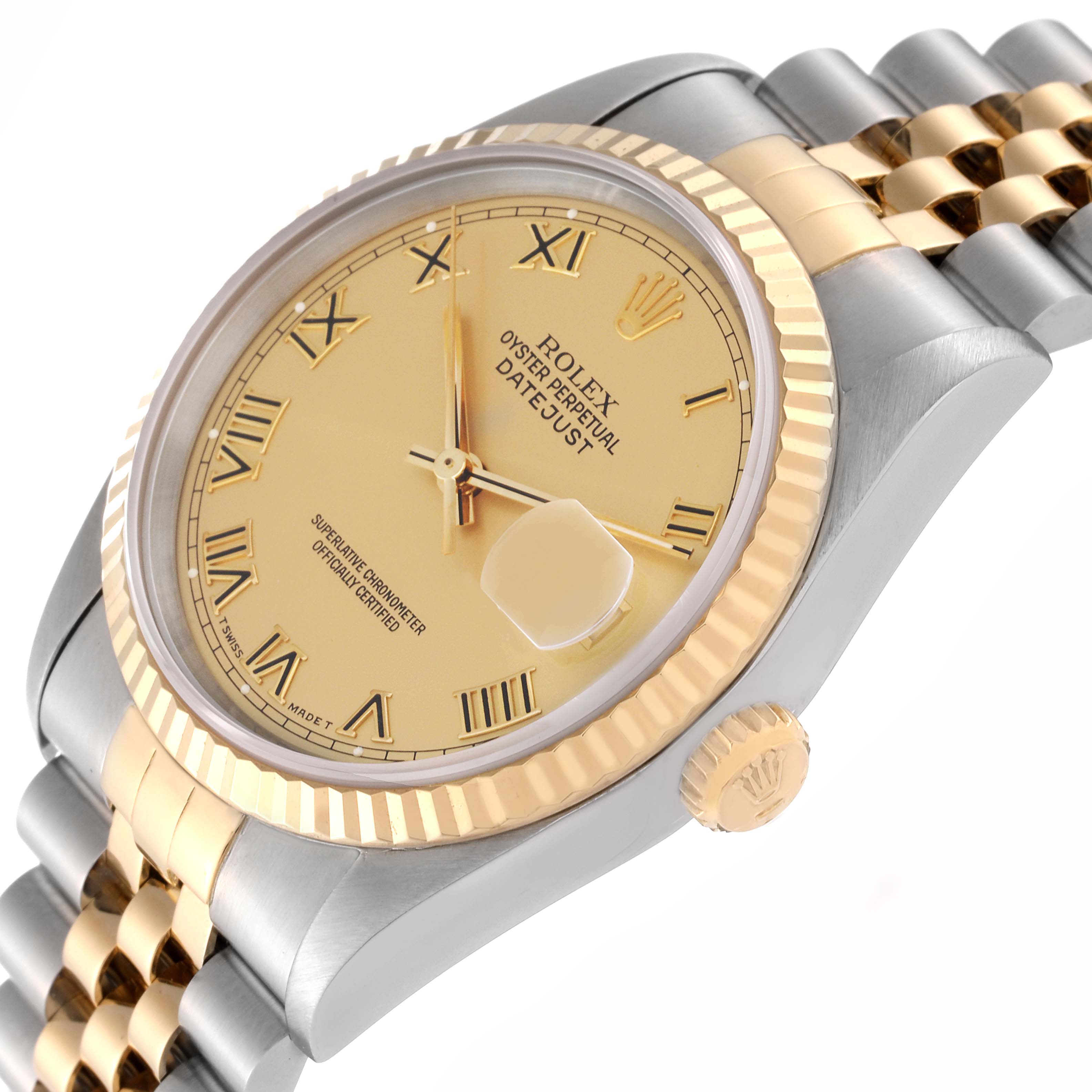 The image shows a close-up view of a Rolex Datejust 16233 Men's Steel and Gold (two tone) Champagne Dial 16233 Men's Steel and Gold (two tone) Champagne Dial watch, focusing on the dial, bezel, and part of the bracelet.