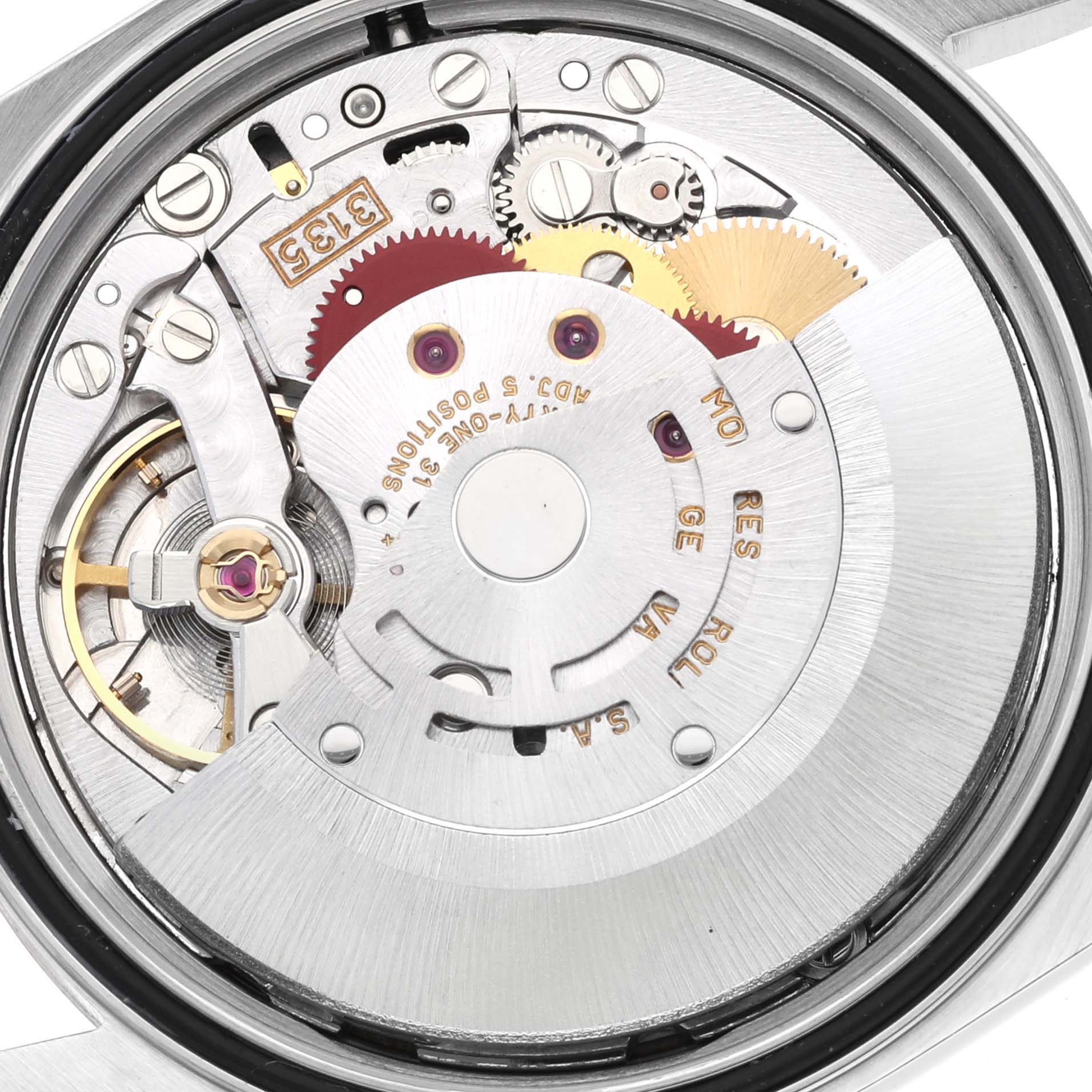This image shows the internal mechanical movement of a Rolex Datejust 16233 Men's Steel and Gold (two tone) Champagne Dial 16233 Men's Steel and Gold (two tone) Champagne Dial watch from the back.