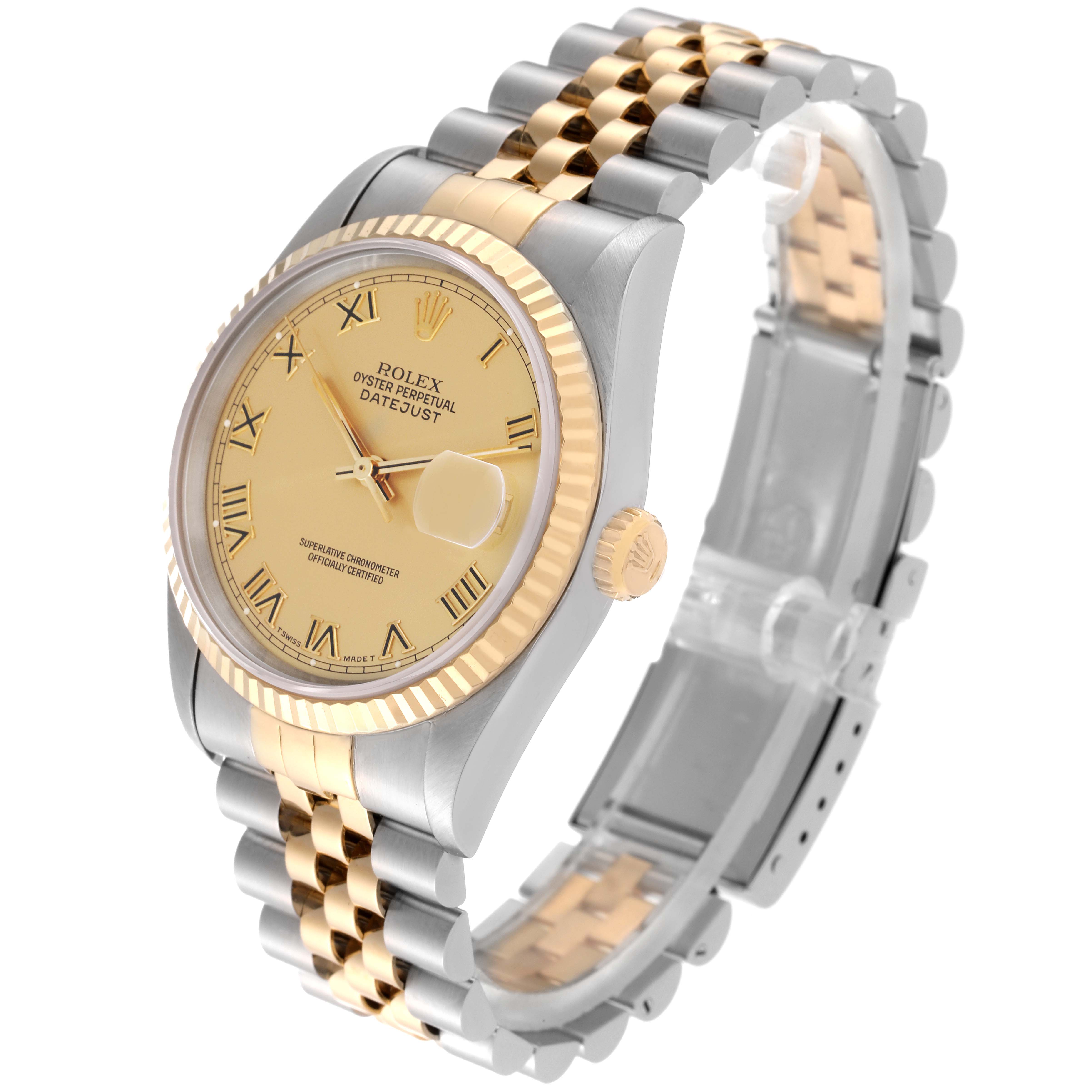 This is a Rolex Datejust 16233 Men's Steel and Gold (two tone) Champagne Dial 16233 Men's Steel and Gold (two tone) Champagne Dial watch shown at a three-quarter angle, displaying the dial, bracelet, and crown.