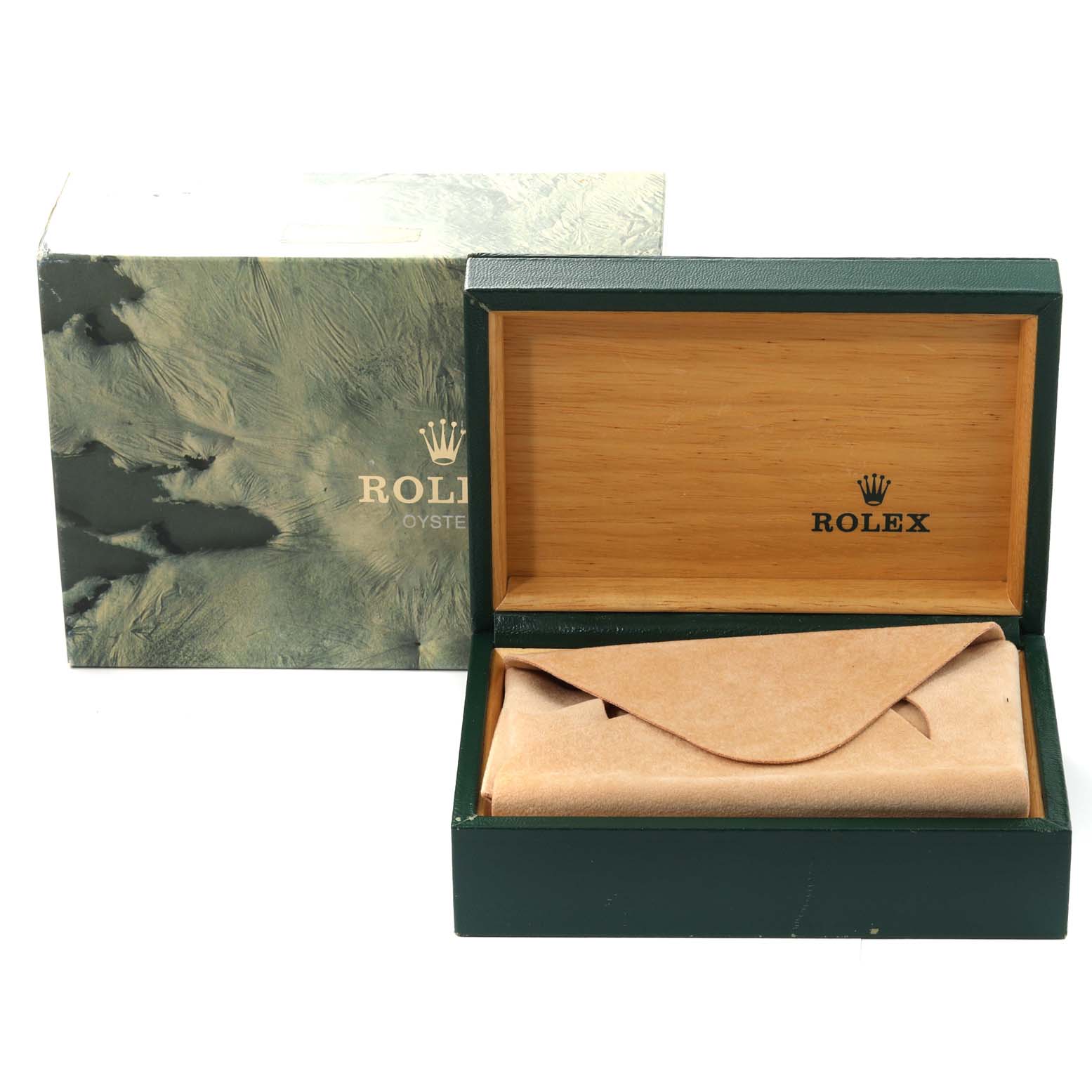 The image shows a Rolex Datejust 16233 Men's Steel and Gold (two tone) Champagne Dial 16233 Men's Steel and Gold (two tone) Champagne Dial watch box and outer packaging, partially open, revealing a leather pouch inside.