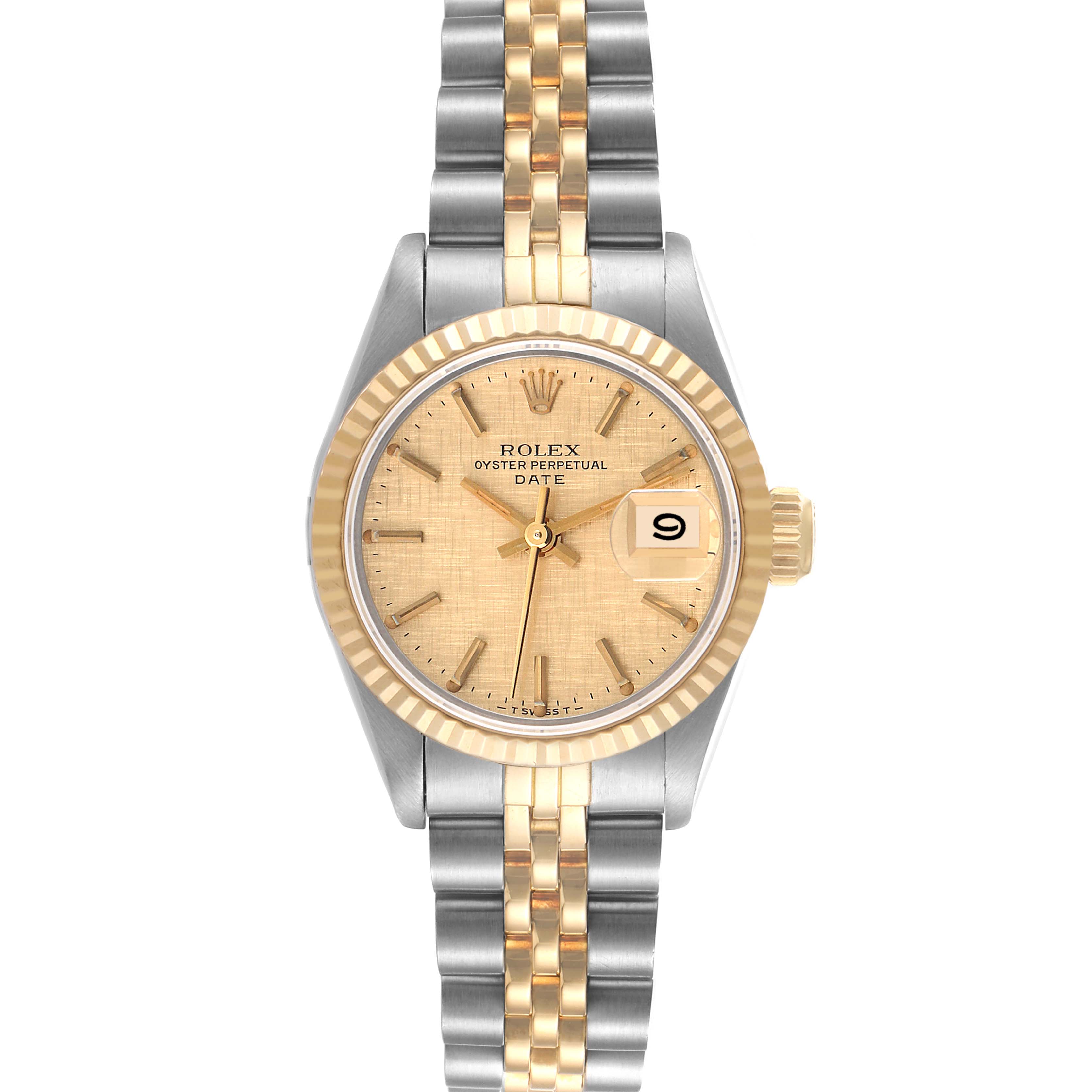 This image shows a front view of a Rolex Datejust 69173 Women's Steel and Gold (two tone) Champagne Dial 69173 Women's Steel and Gold (two tone) Champagne Dial watch, highlighting the dial, bezel, hands, crown, and two-tone bracelet.