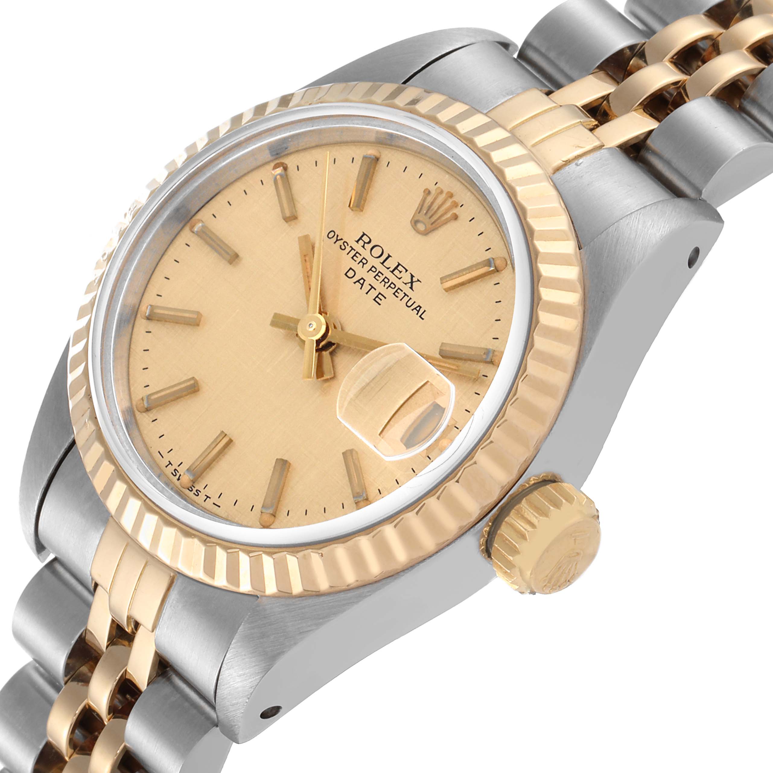 This Rolex Datejust 69173 Women's Steel and Gold (two tone) Champagne Dial 69173 Women's Steel and Gold (two tone) Champagne Dial watch image shows an angled view highlighting the dial, bezel, crown, and part of the bracelet.